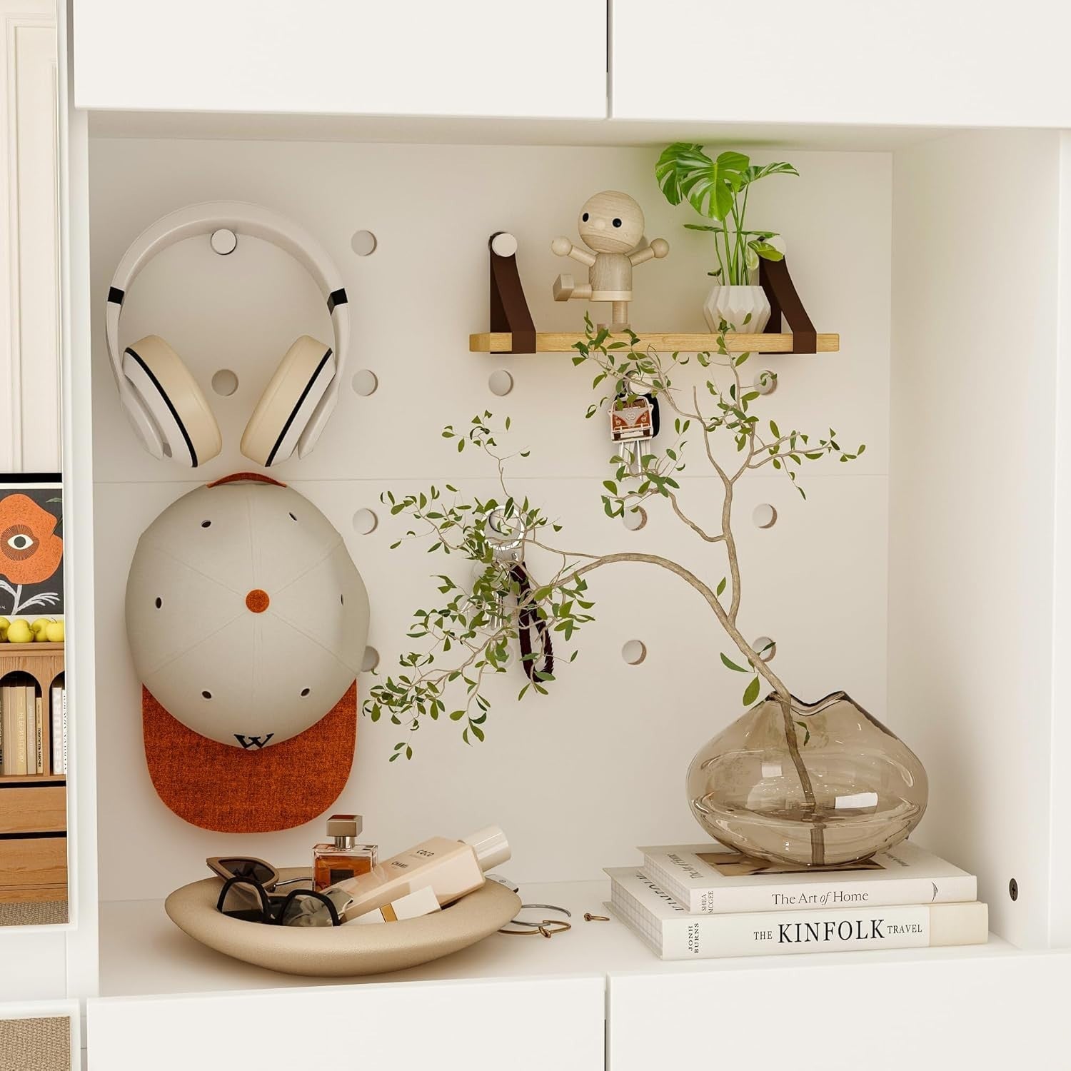 Tall White Shoe Cabinet with Full-Length Mirrors & Pegboard Storage Rack