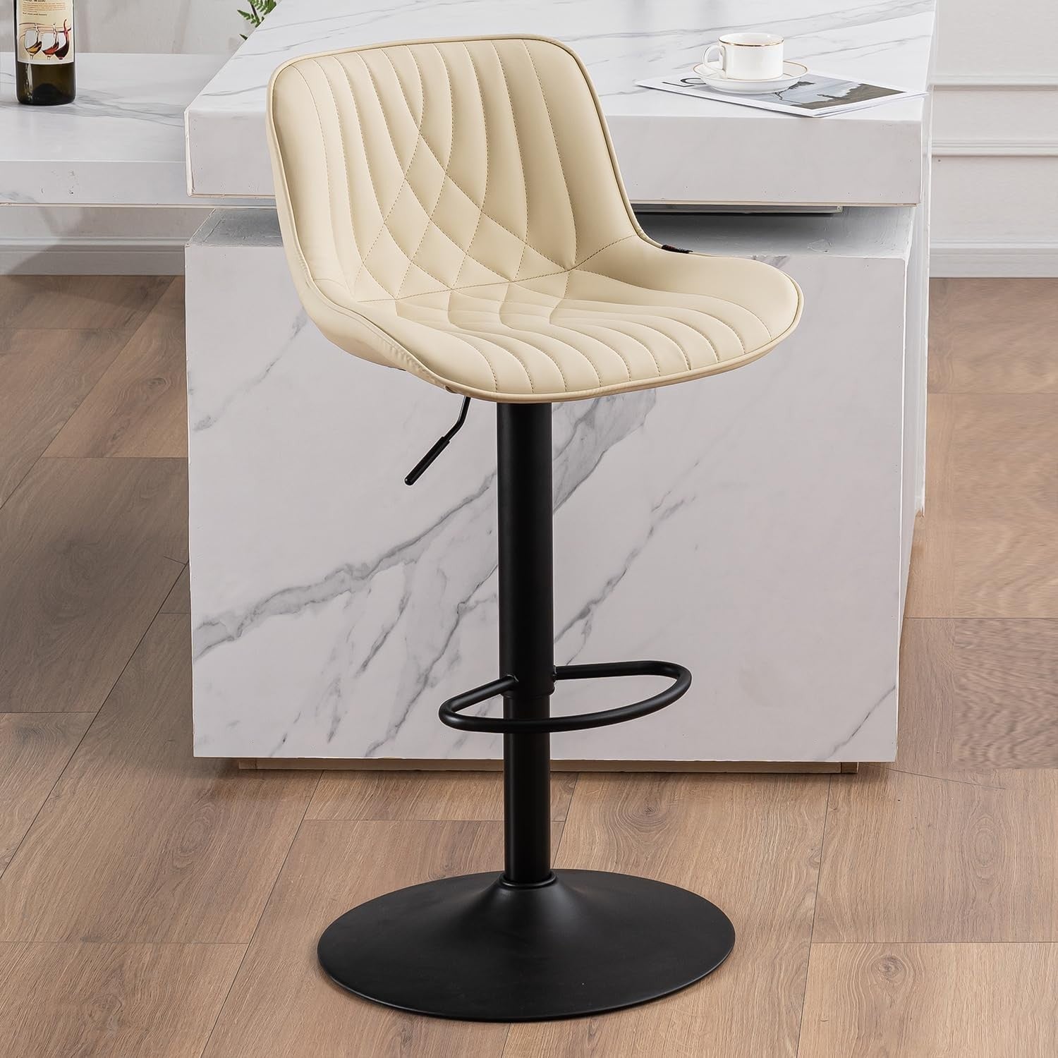 Beige Bar Stool PU Leather Swivel Height Adjustable Kitchen Chair