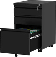 Black Mobile File Cabinet 46x39x62cm Lockable 3 Drawer Steel
