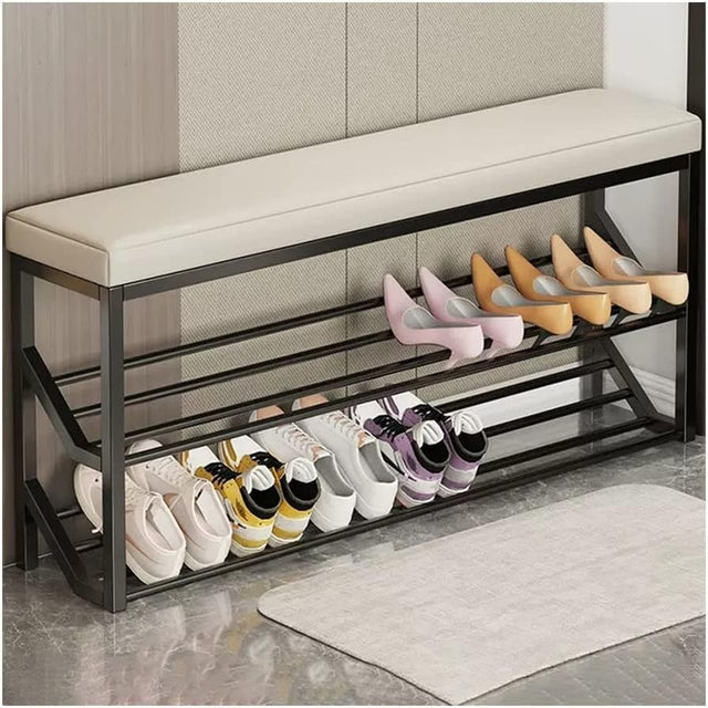 100cm 2-Tier Entryway Shoe Bench with Padded Seat and Metal Storage Rack