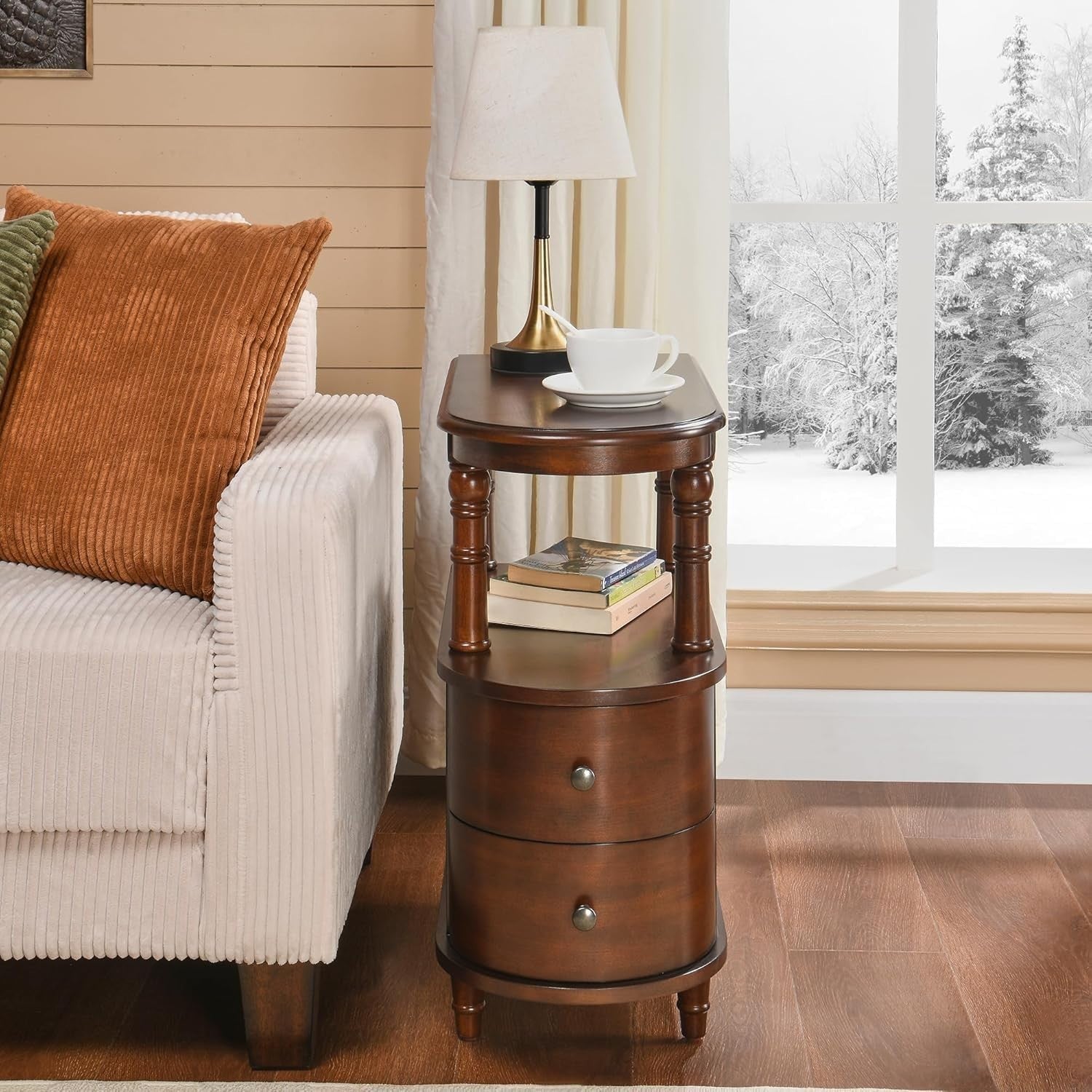 Solid Wood End Table with Drawers & Shelf – Cherry Walnut Side Table