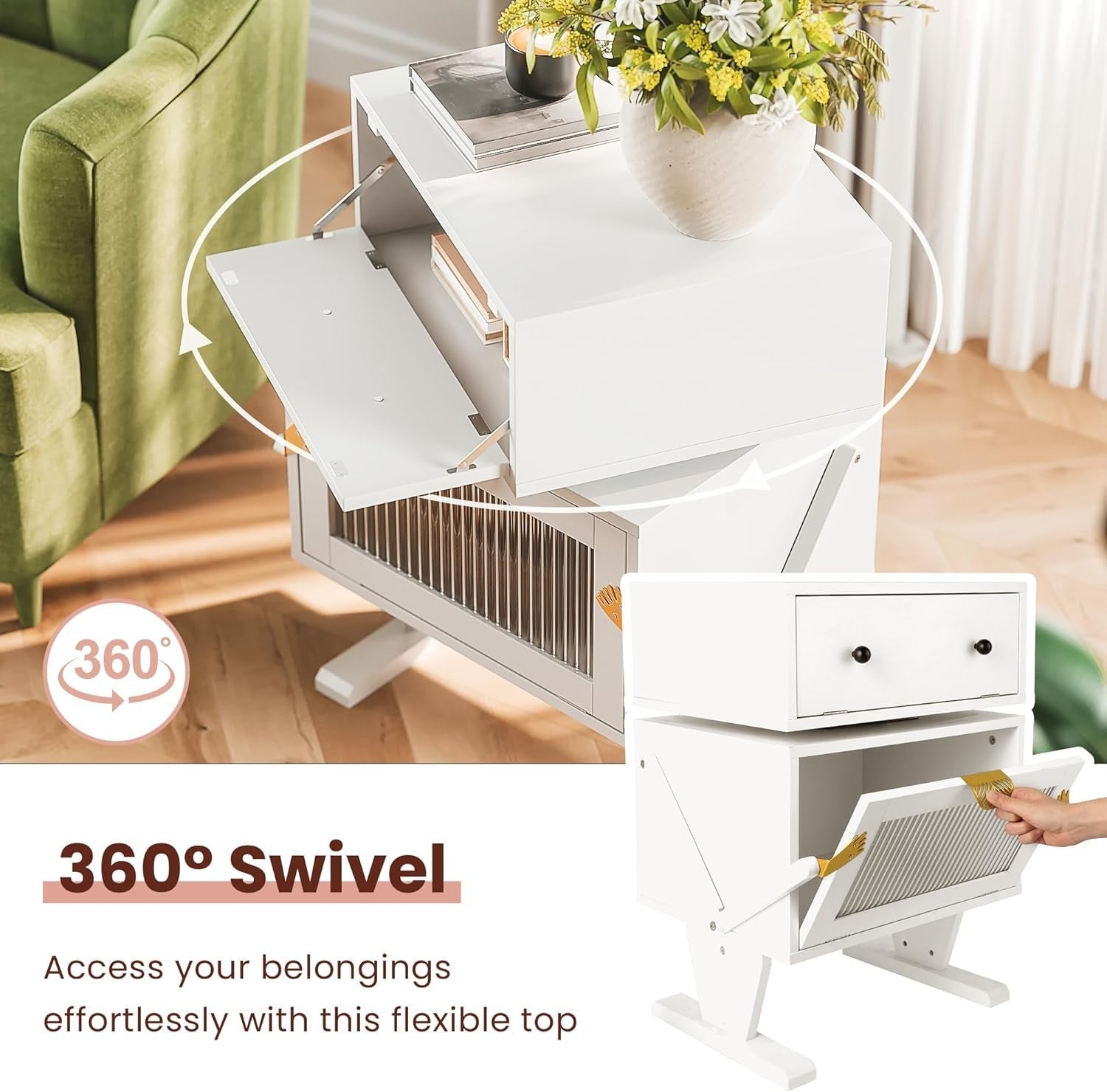 White LED Nightstand for Kids Bedroom with Rotating Drawer & Robot Design