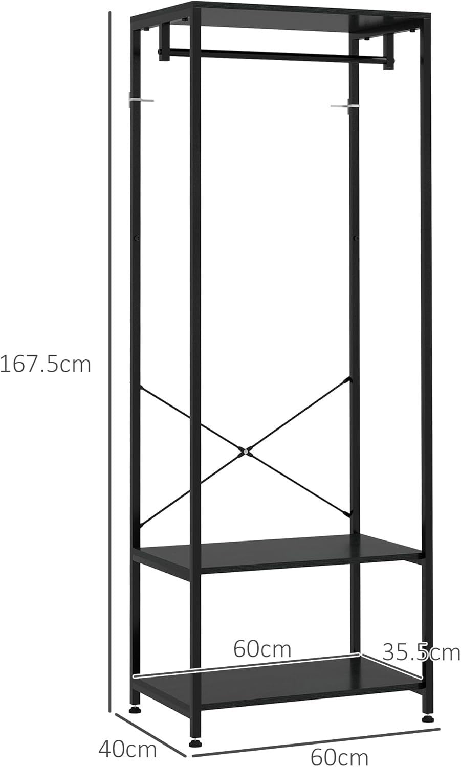 2-in-1 Coat Rack Hall Tree with Shoe Storage, Black Steel Frame, 2 Shelves