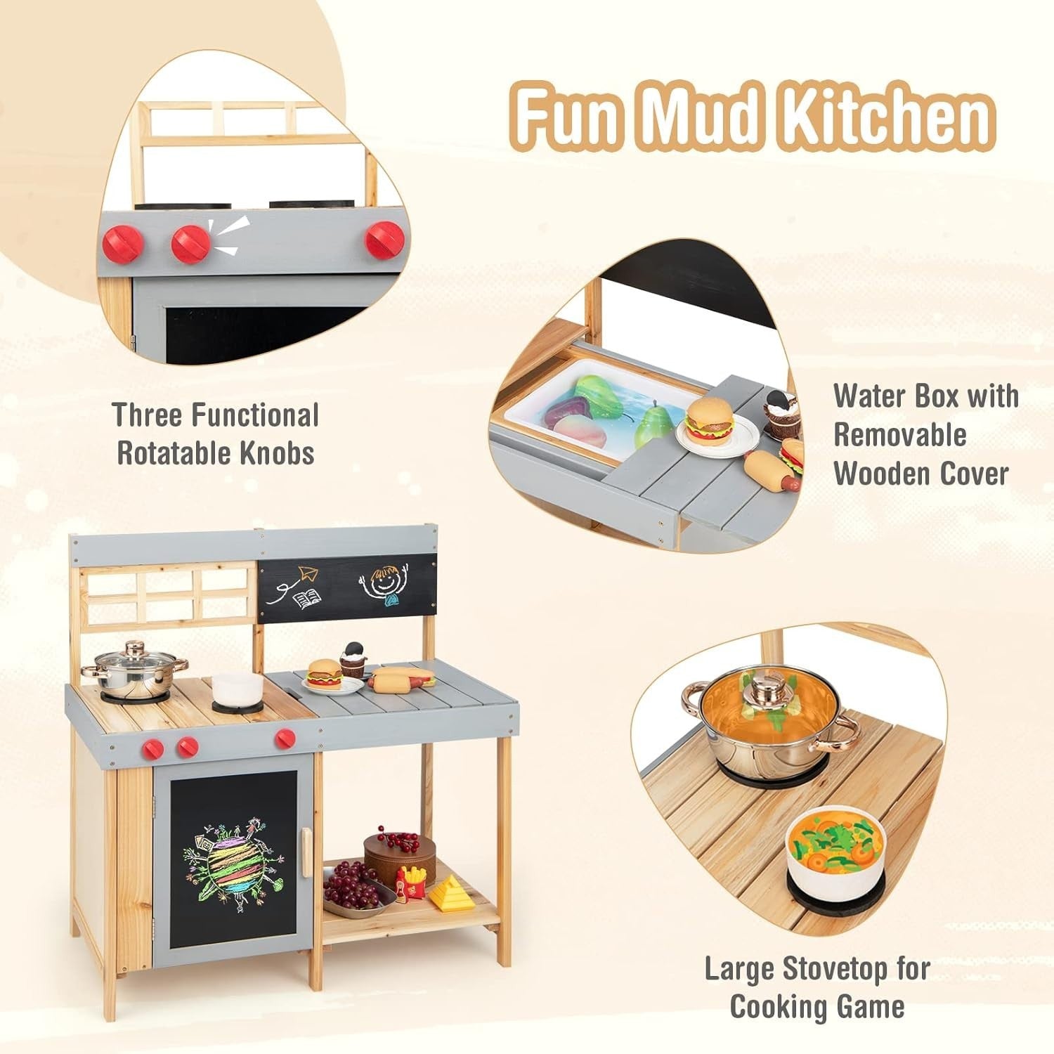 Outdoor Wooden Mud Kitchen Chalkboard Sink Kids Playset Toy