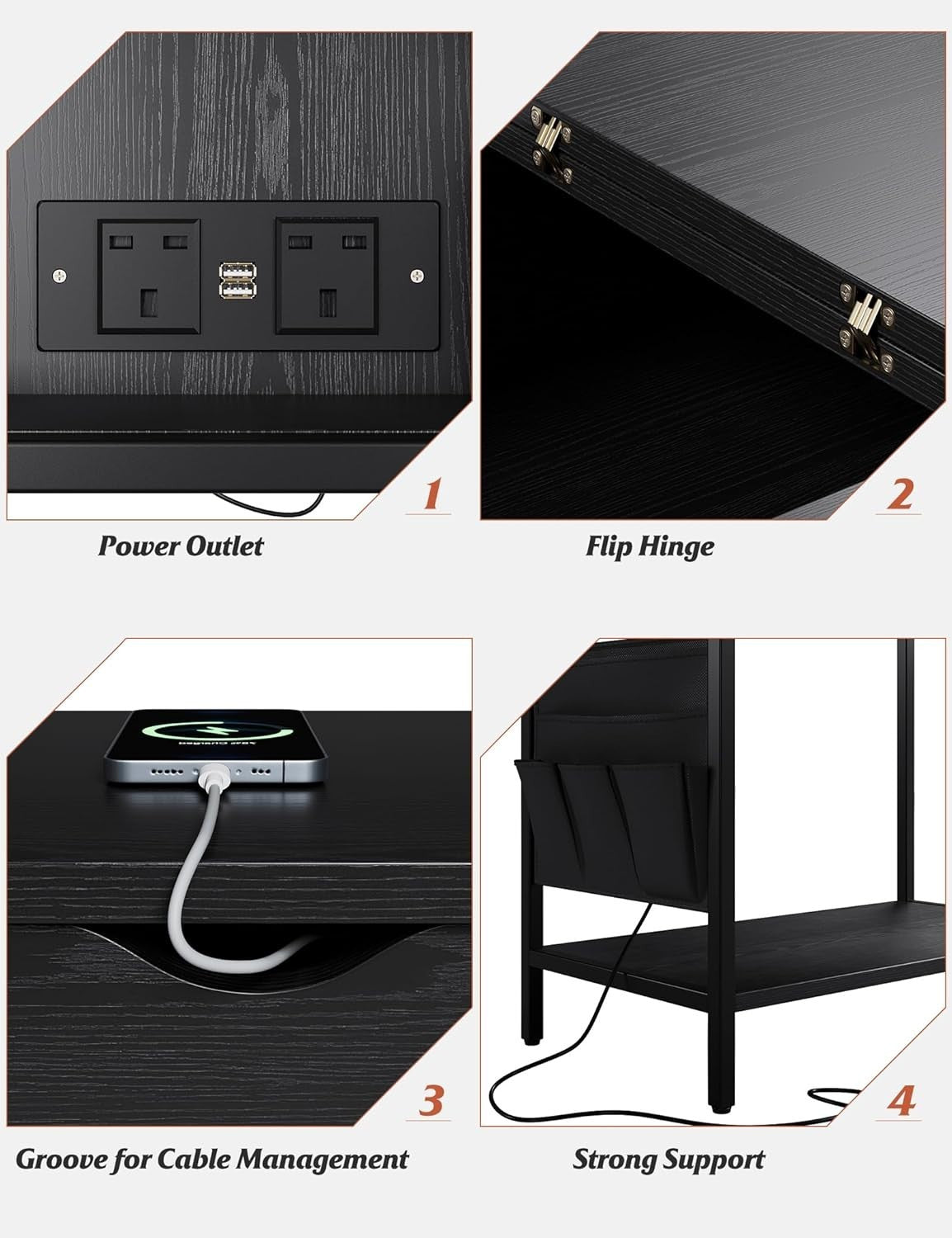 Black Narrow Side Table with USB Ports, Charging Shelf & Storage Bags