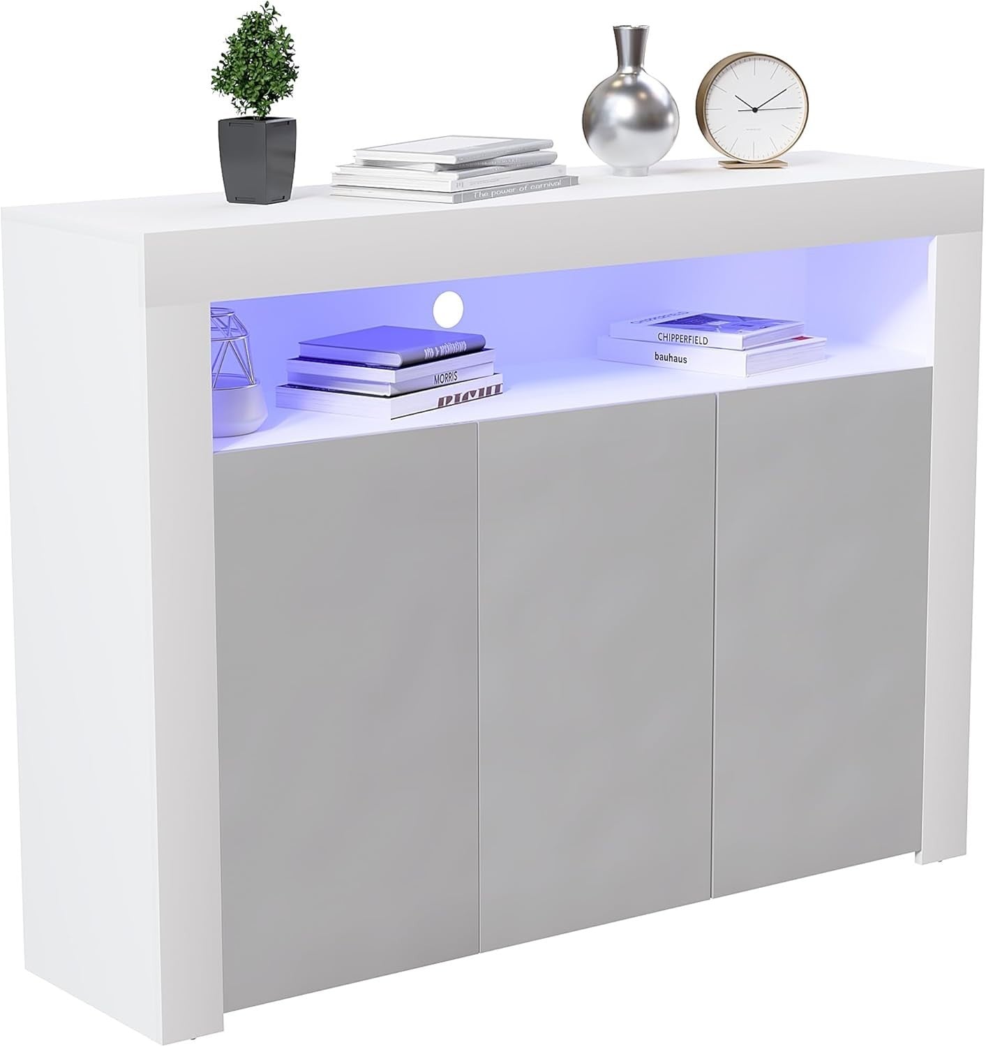 Modern White & Grey LED Sideboard 3 Doors 3 Drawers RGB Lighting Storage Cabinet