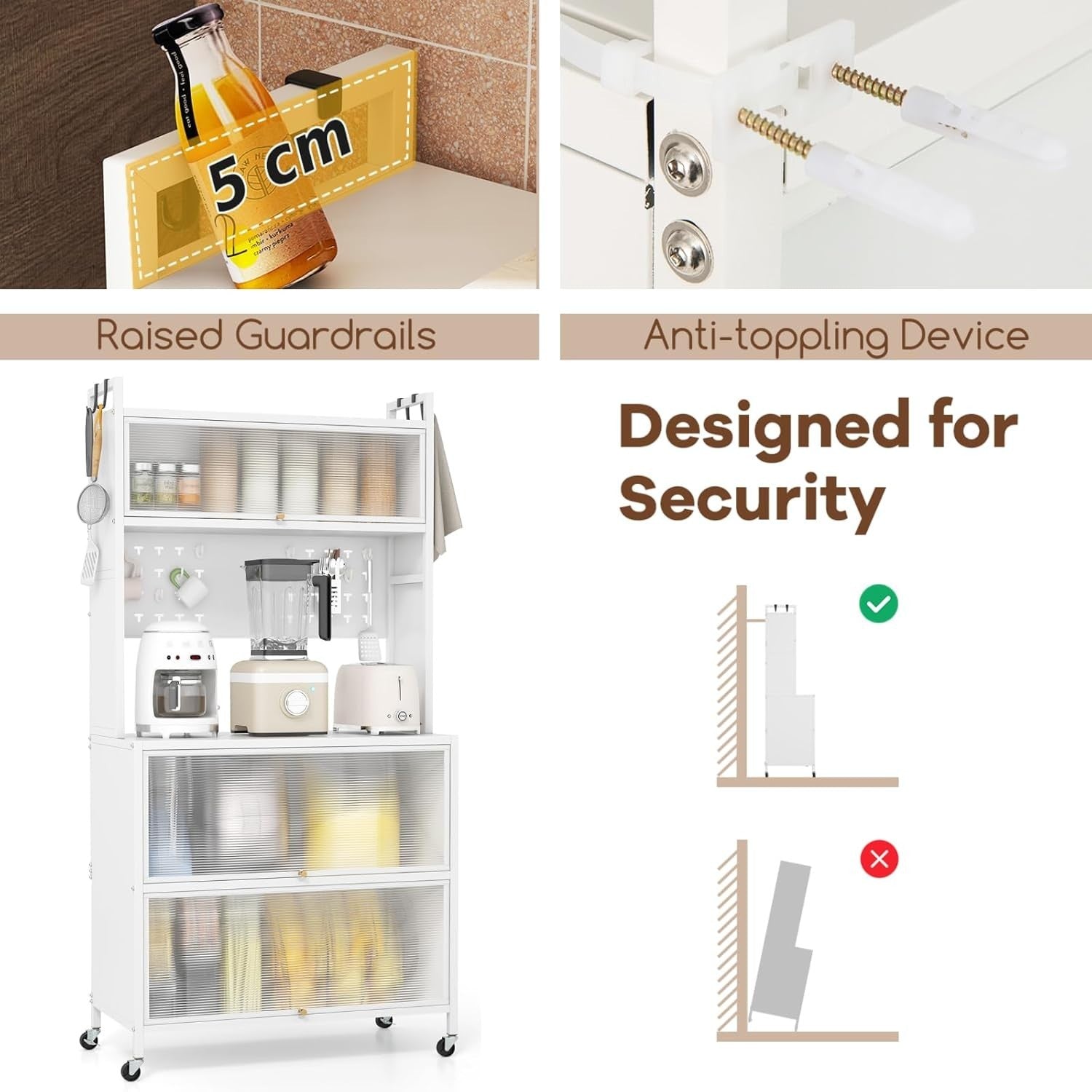 80x40x163cm White Rolling Kitchen Cabinet 5-Tier Pantry Storage with Wheels