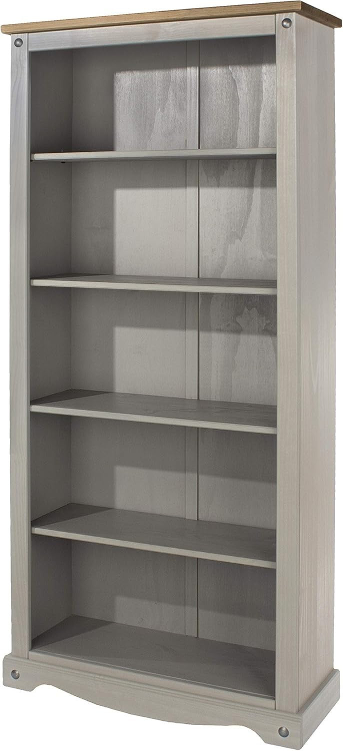 Solid Pine 5 Tier Tall Bookcase Large Wooden Storage Shelf Grey