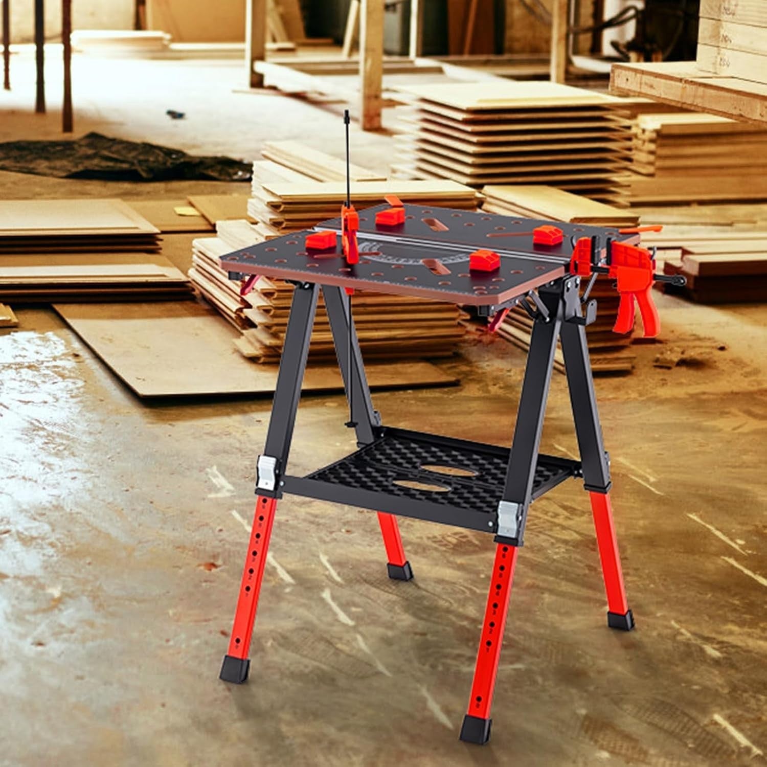 Folding Workbench 2-in-1 Sawhorse Table 8-Height Adjustable 450kg Capacity Red