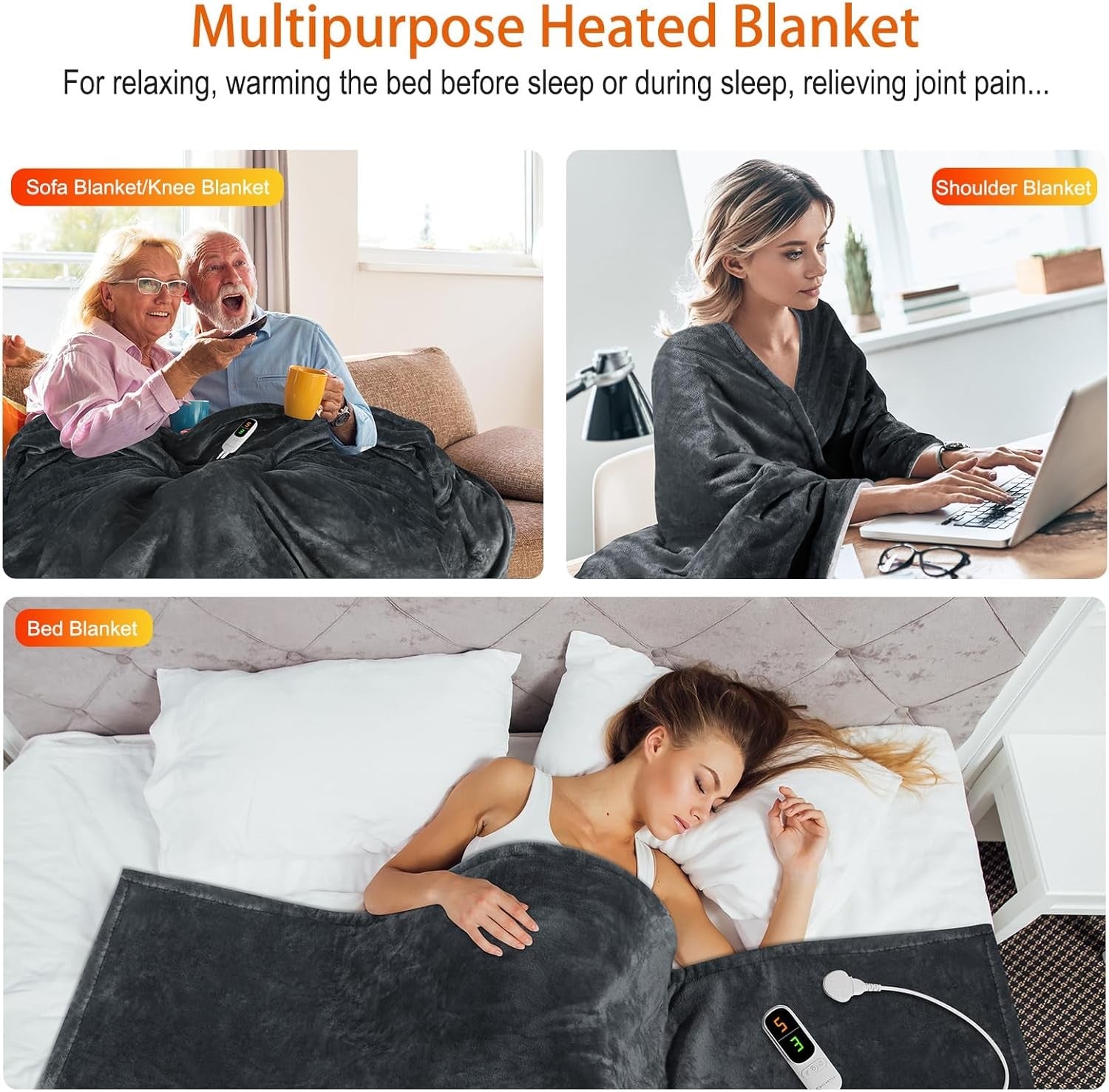 Electric Heated Throw Blanket 160x180cm Sherpa Fleece 6 Heat Grey