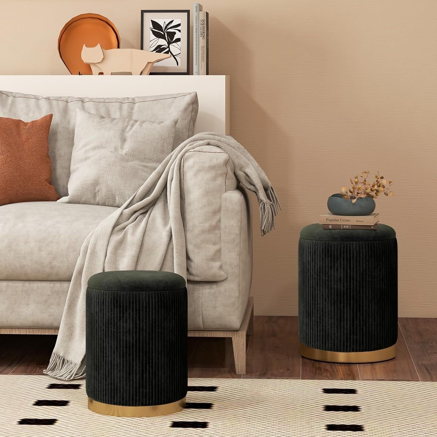 Black Velvet Nesting Footstools Set of 2 Storage Ottomans Round Gold Base