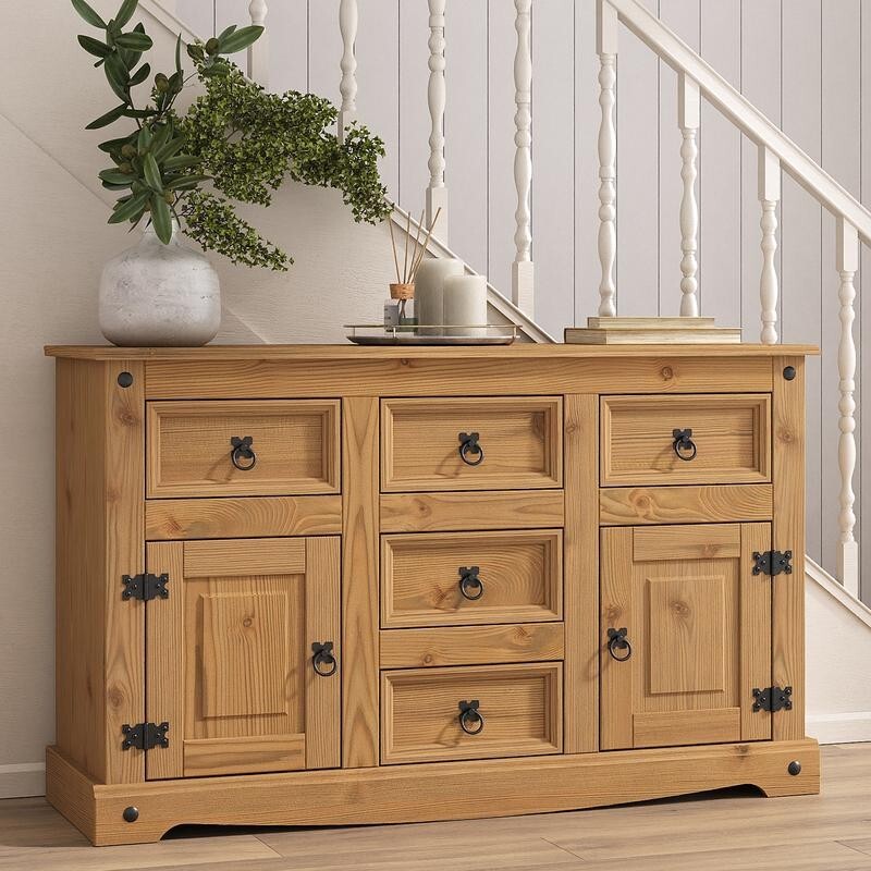Corona Solid Pine Sideboard Cabinet 2 Door 5 Drawer Rustic Mexican Storage