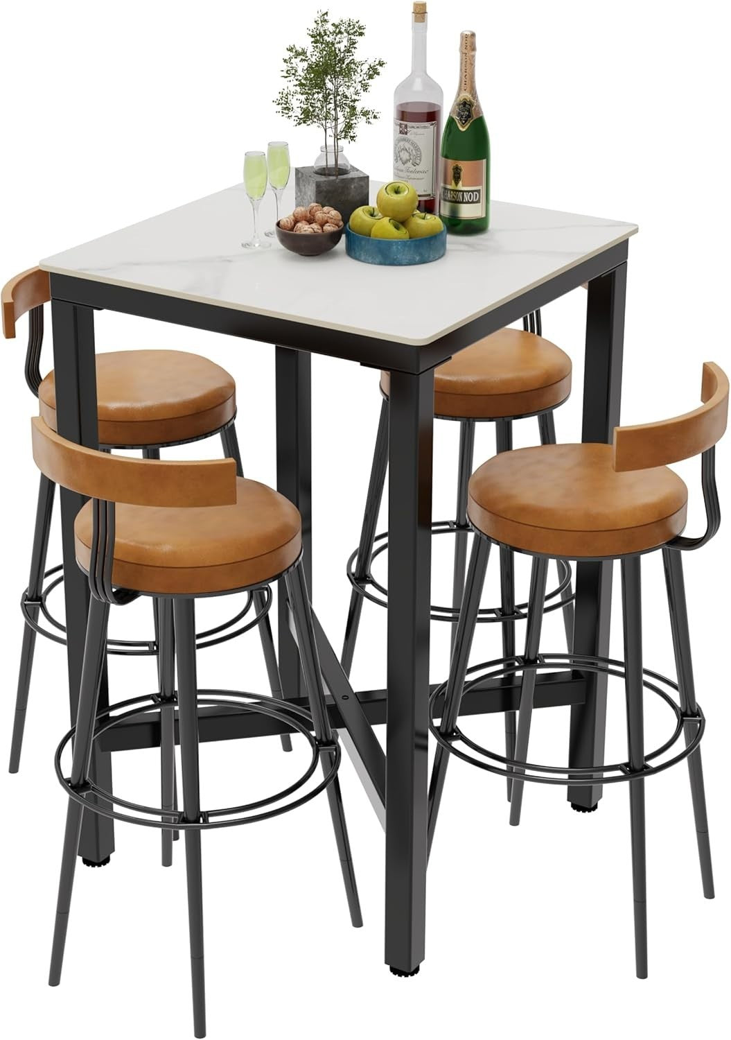 Sintered Stone Square Bar Table 70×70cm Glossy White Marble Effect 105cm High