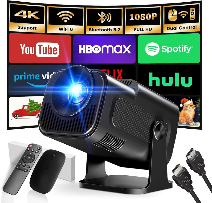 Mini Smart Projector 4K 1080P WiFi 6 Bluetooth 180° Rotatable Apps