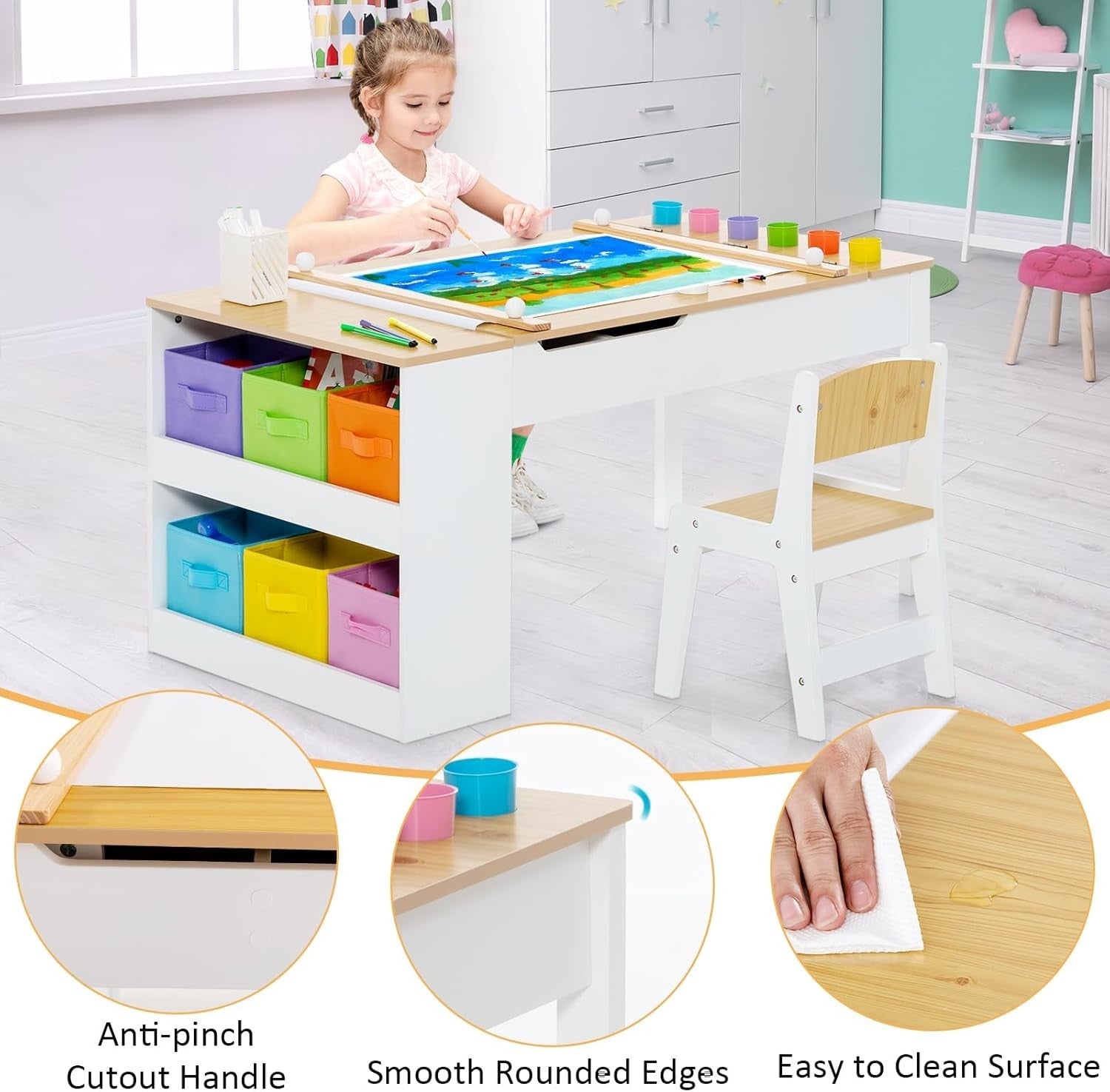 Kids Art Table and Chair Set with Storage Bins & Easel Desk Natural White 6 Cups