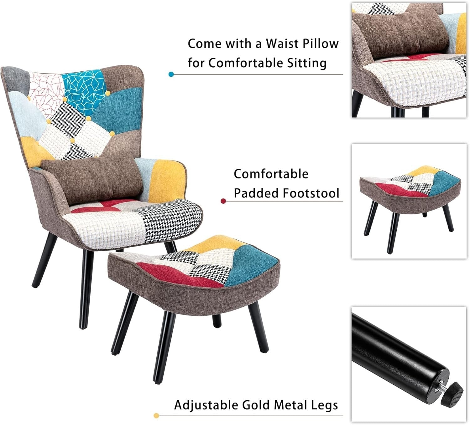 Patchwork Accent Chair & Ottoman Lounge Set | Retro Armchair for Reading