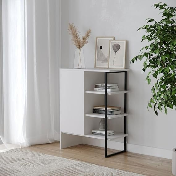 Modern 60cm Wood Steel Cabinet Bookcase Unit with Shelves & Door Storage – White