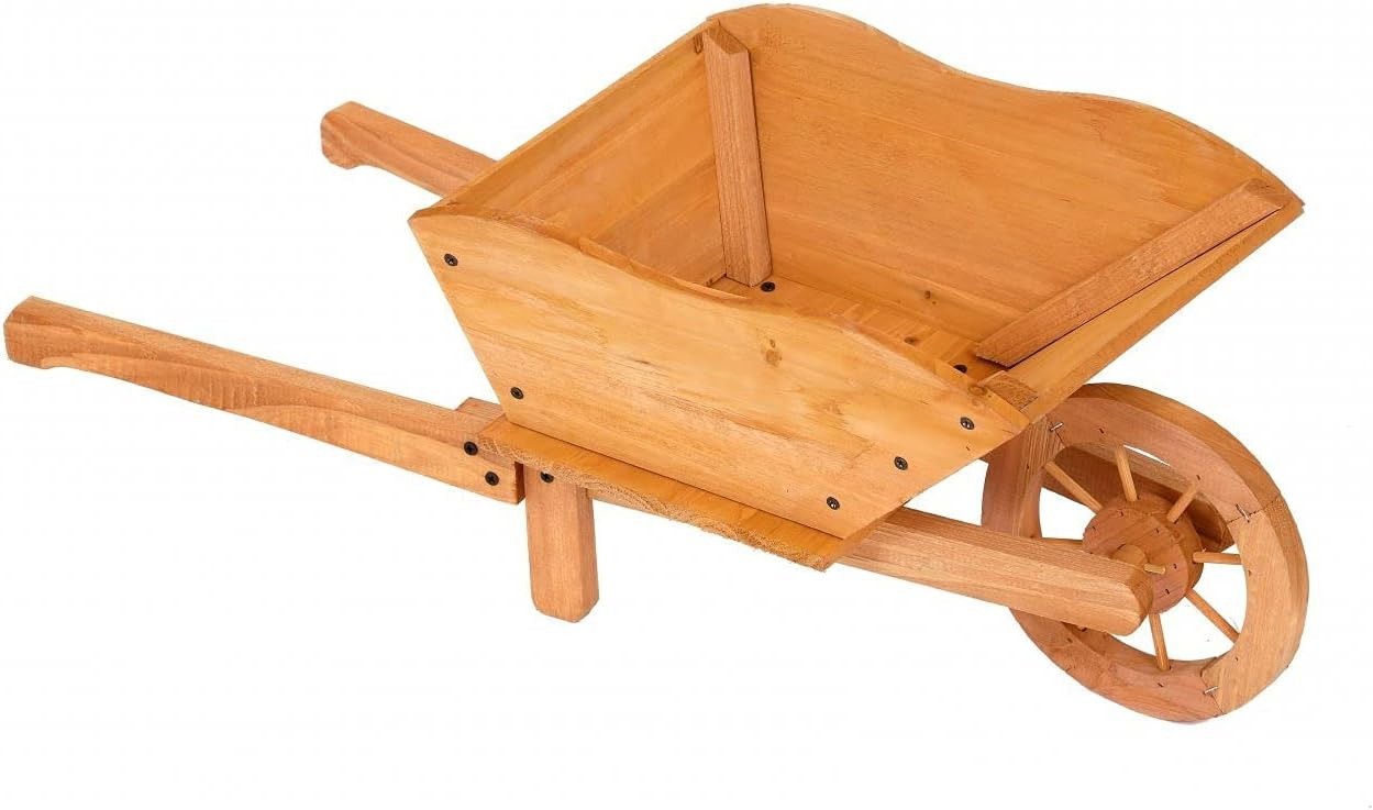 20L Wooden Wheelbarrow Planter – Brown Wood Garden Flower Pot w/ Drainage Hole