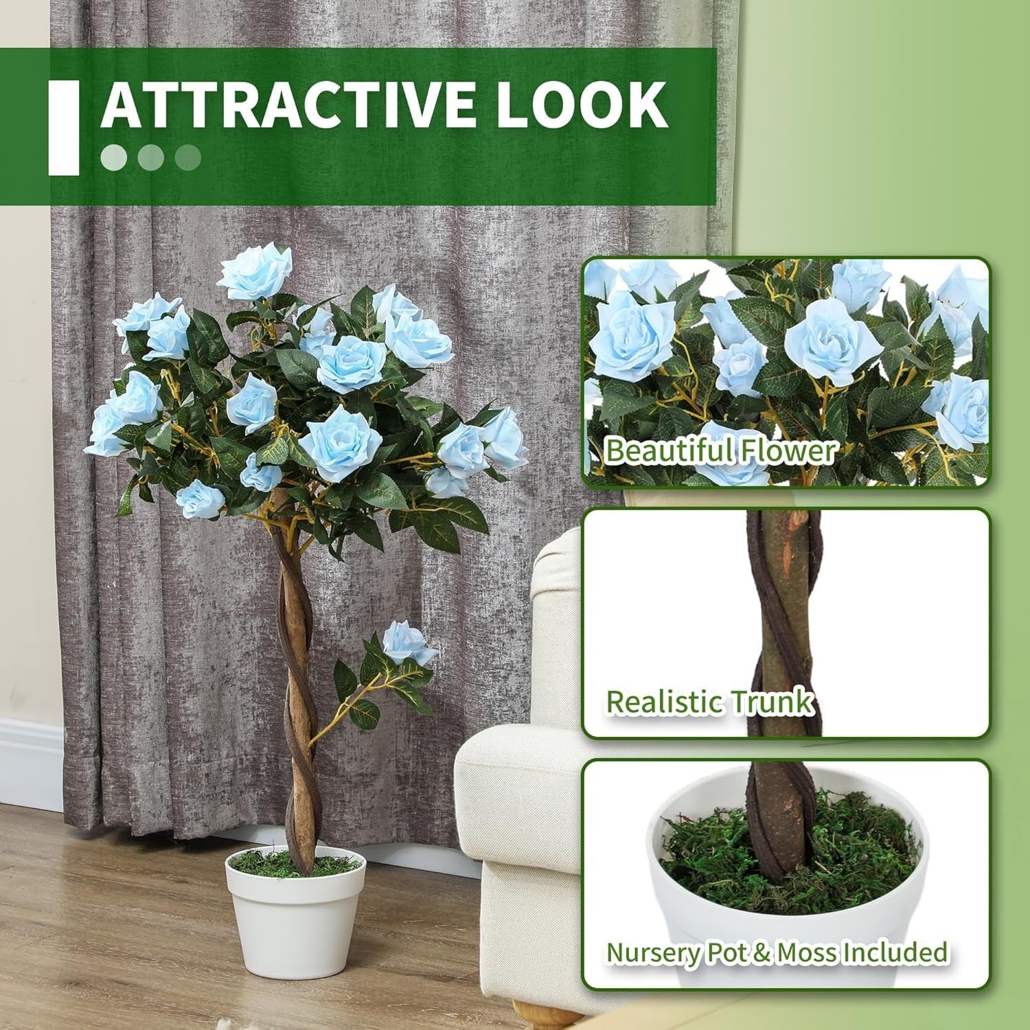 Set of 2 Artificial Rose Trees 90cm Light Blue Faux Flower Plants Home Decor