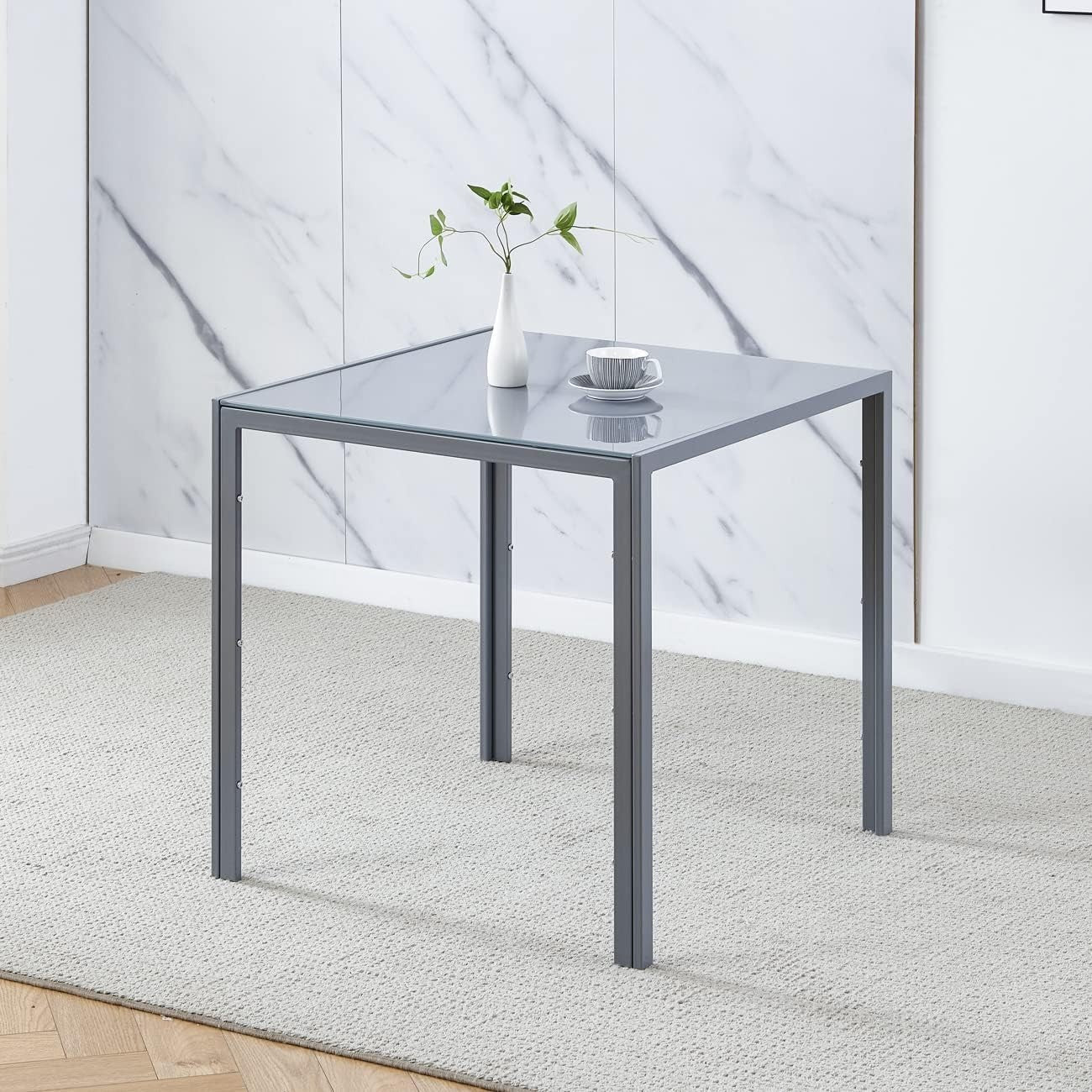 Square Glass Dining Table 75x75cm Grey Tempered Metal Legs Modern