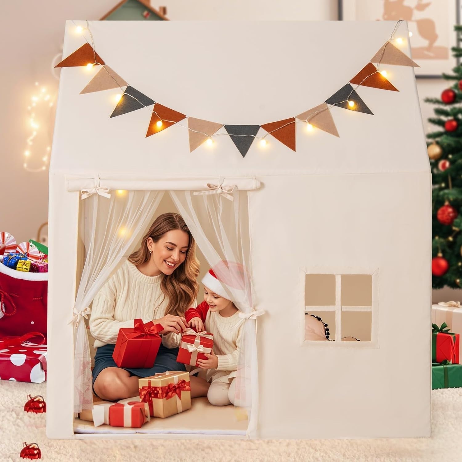 Kids Castle Playhouse Tent Indoor Outdoor w Lights Non Slip Mat Flags