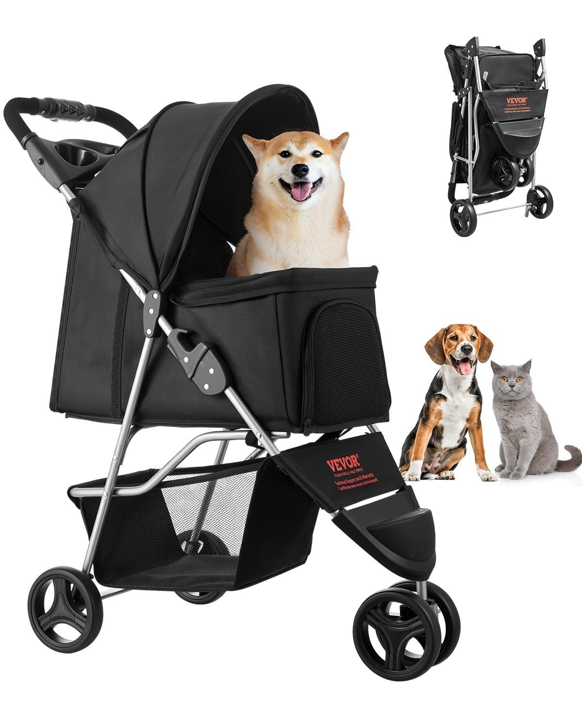 Pet Stroller 3 Wheel Folding Dog Pram 35lb Capacity Brake Mesh Cup Holder