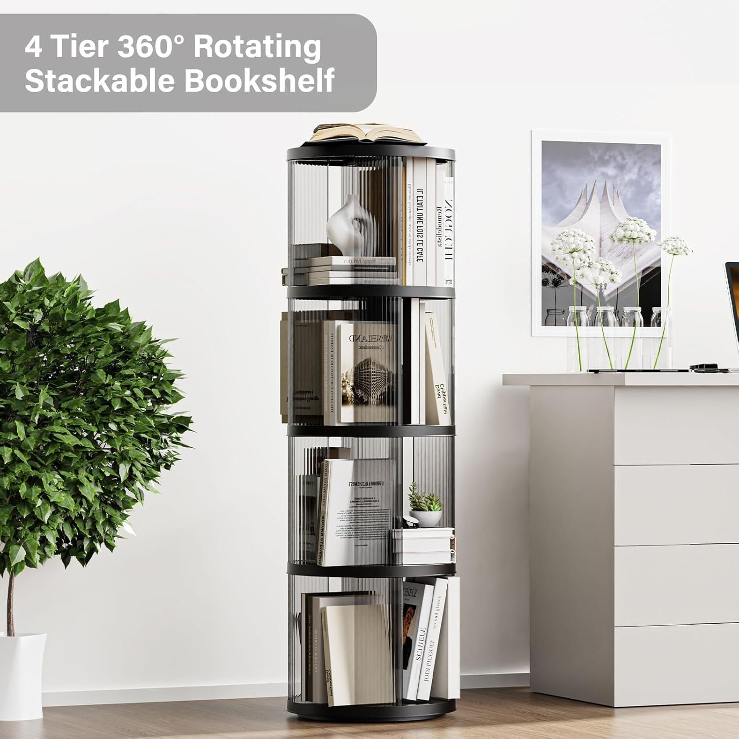 360° Rotating Round Plastic Bookshelf 4-Tier Space-Saving Floor Shelf