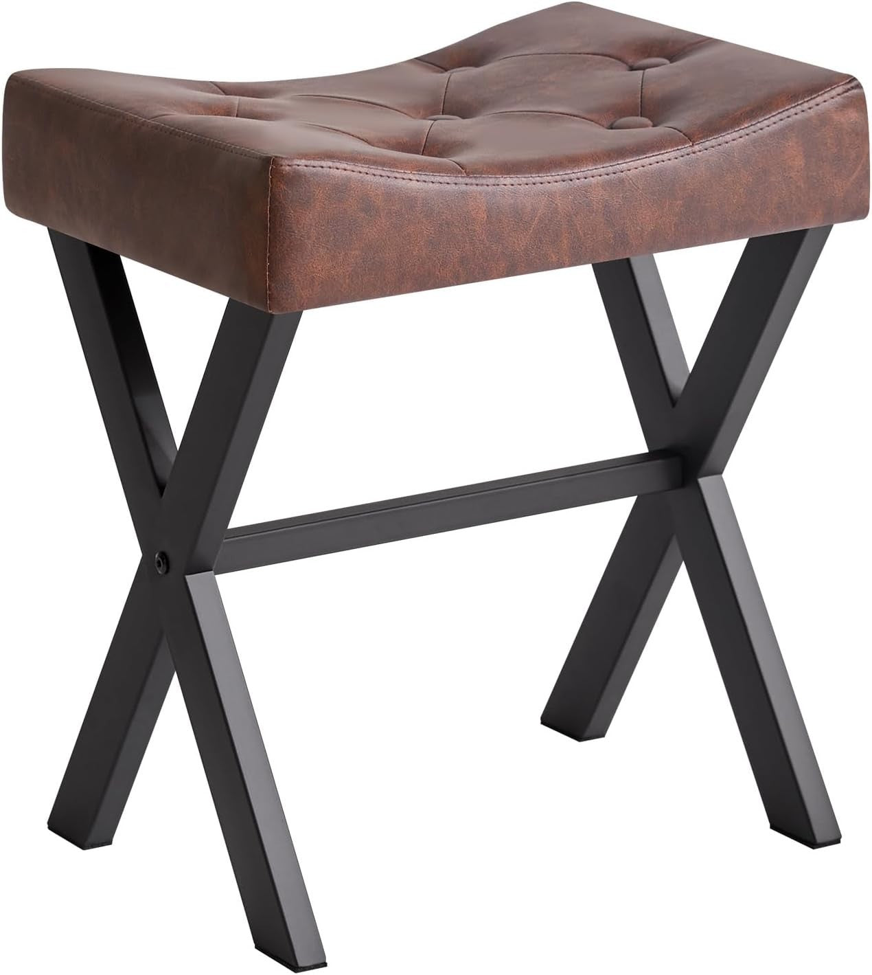 Dark Brown PU U-Shaped Vanity Stool with X-Legs – Modern Makeup Ottoman