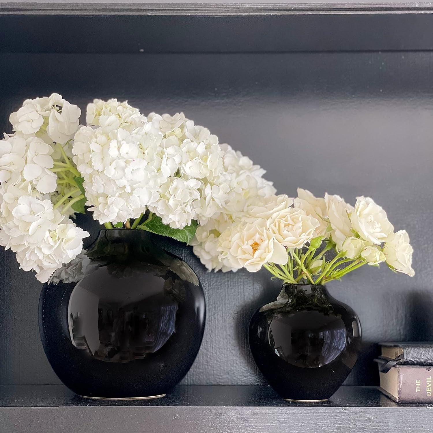 Black Ceramic Vase 7.5 Inch Glossy Porcelain Round Flower Centerpiece Decor