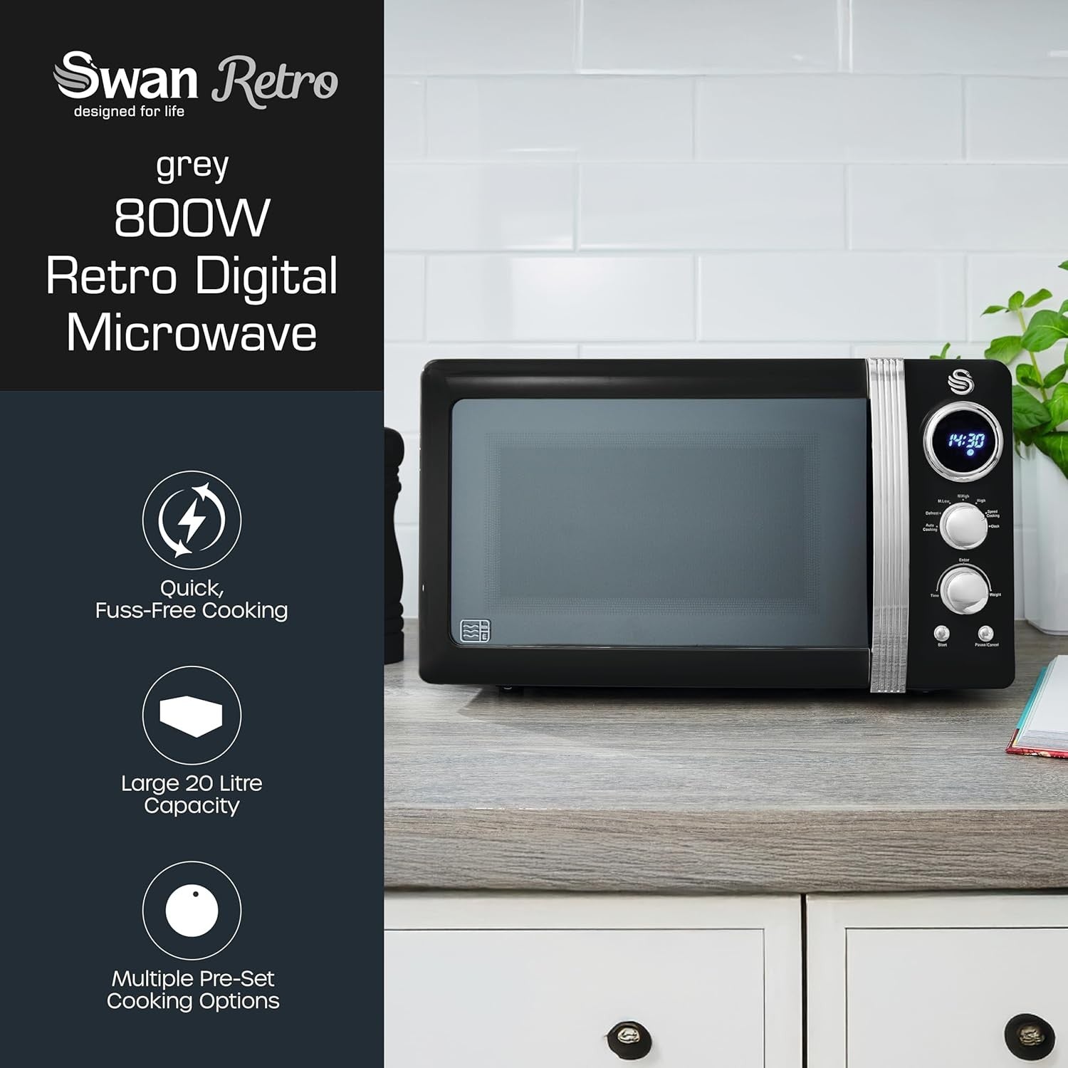 Black 20L Digital Microwave 800W 6 Power Levels LED Display