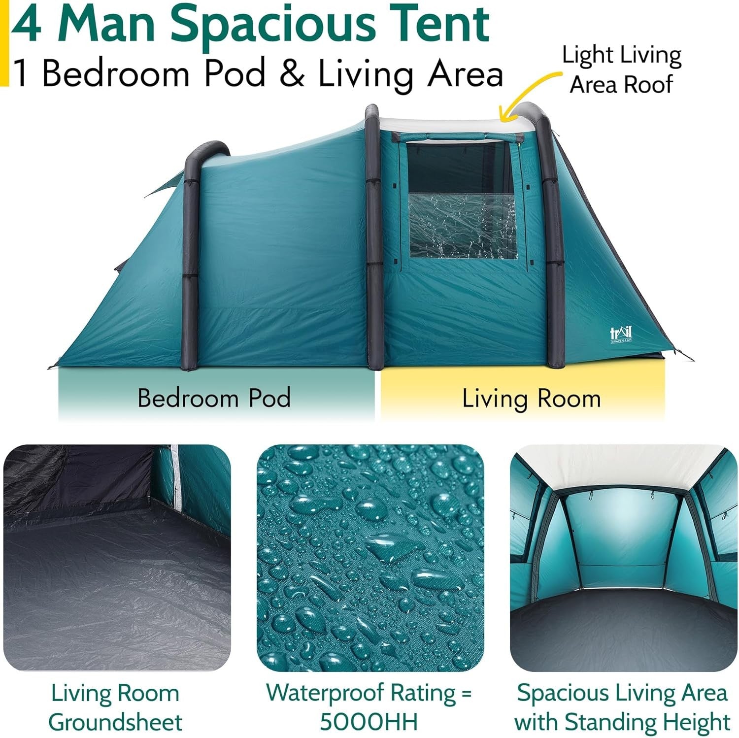 4 Man Inflatable Air Tent 5000mm Waterproof Tunnel Dark Zone