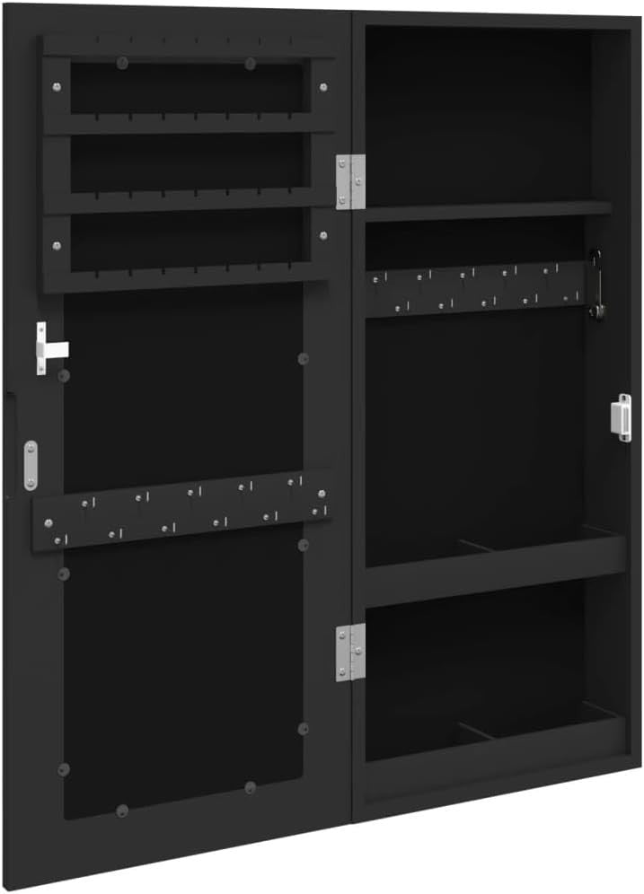 Black Wall Mounted Mirror Jewelry Cabinet Lockable Slim Storage Organizer