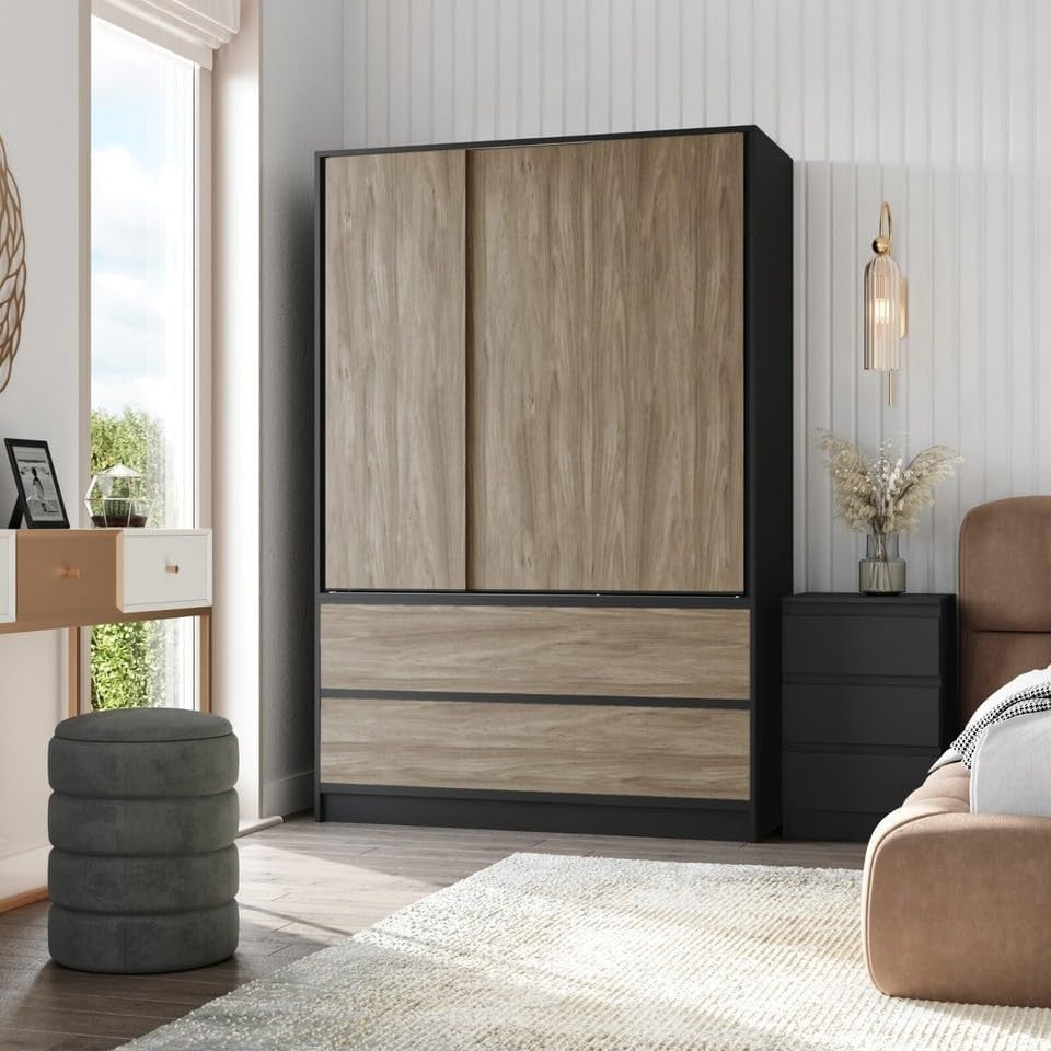 Oak Sliding Door Wardrobe with 4 Drawers & Hanging Rail - Space Saving