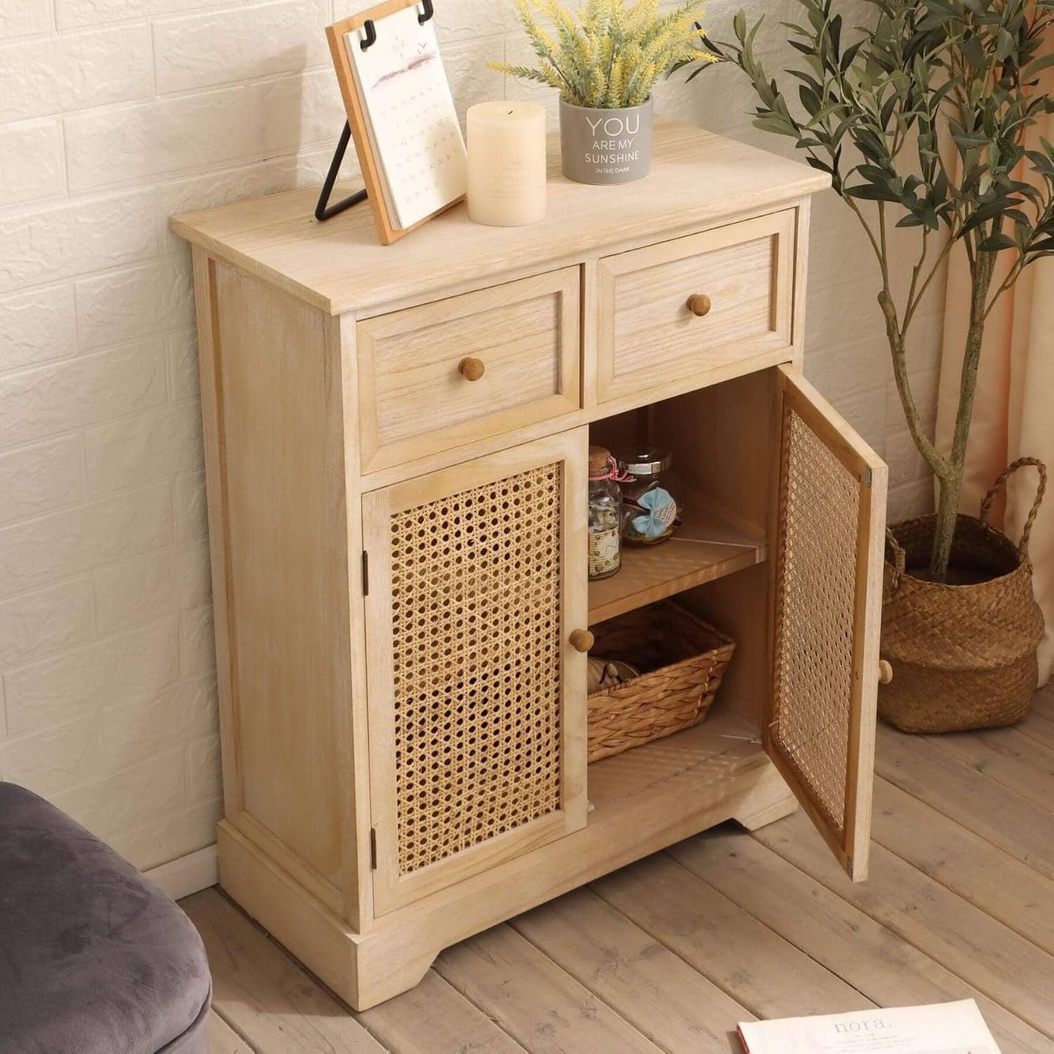 Solid Wood Rattan Sideboard Cabinet 2 Drawers Cupboard Storage Unit