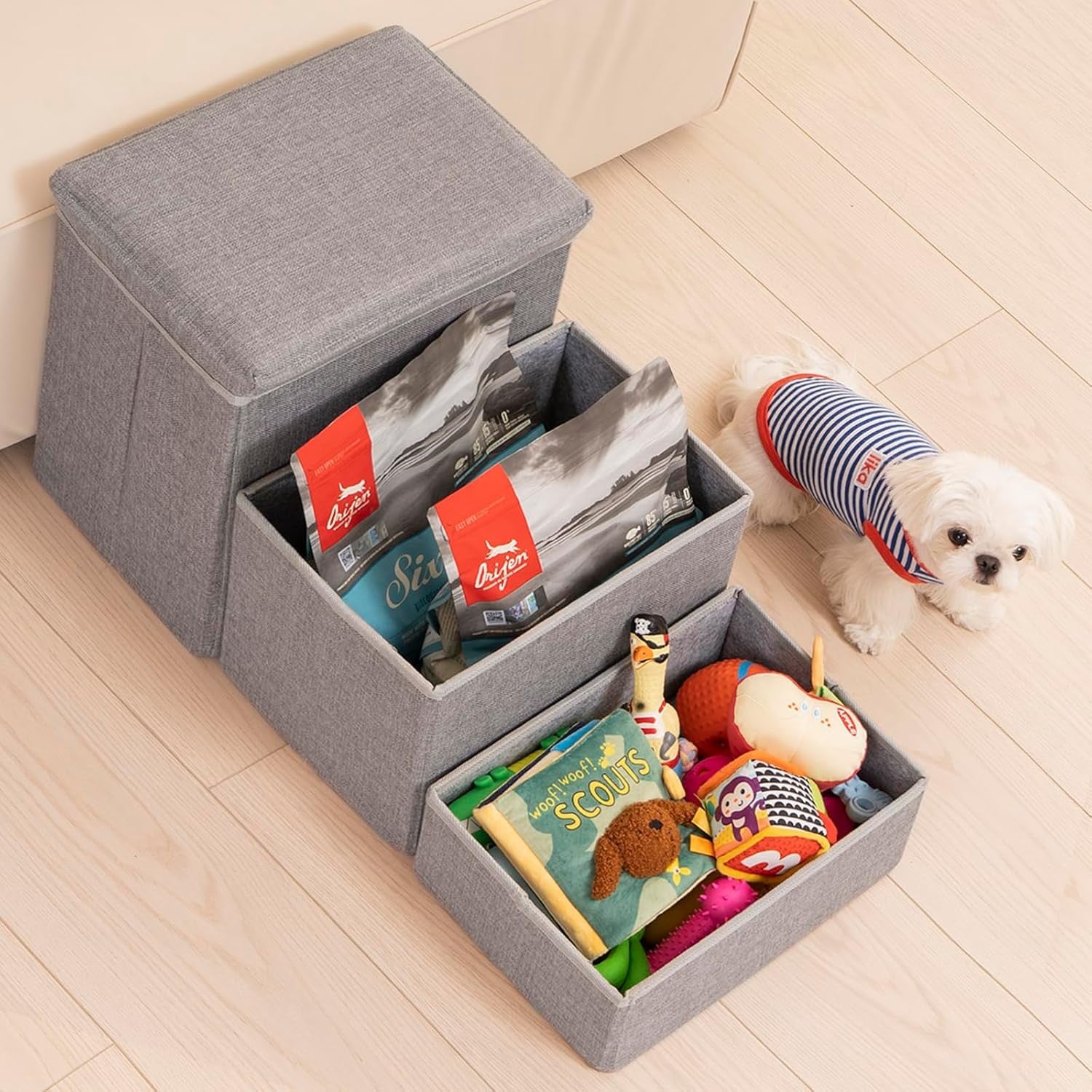 Dog Stairs with Storage 3 Step Pet Steps for Bed Sofa Grey