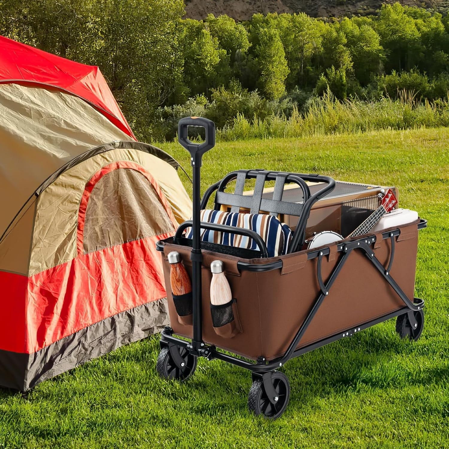 Brown Folding Camping Wagon 170L Heavy Duty Collapsible Garden Cart w/ Handle