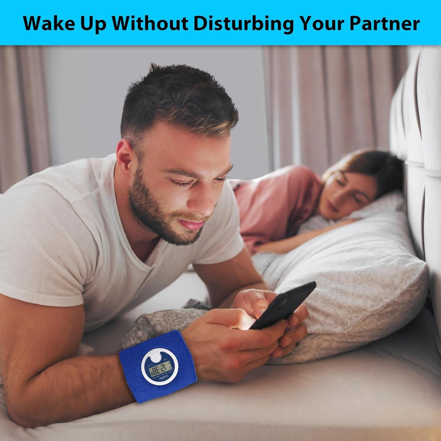 Silent Vibrating Alarm Clock Wristband Blue USB Rechargeable for Heavy Sleepers