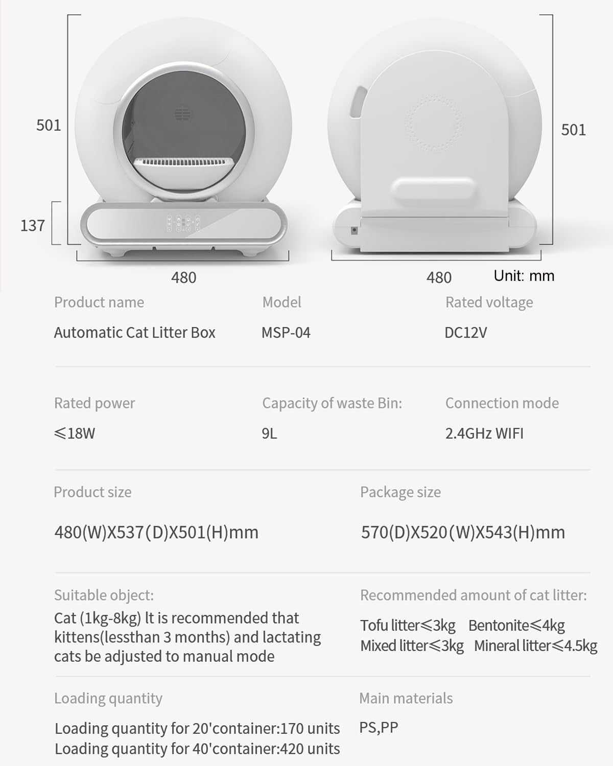 Extra Large Self Cleaning Cat Litter Box Auto Smart APP Control 65L