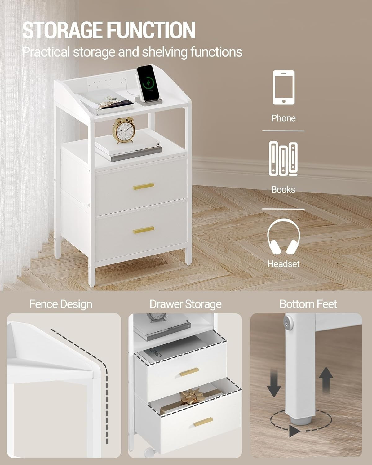 White Bedside Table with USB Type-C Charging Ports & 2 Drawers