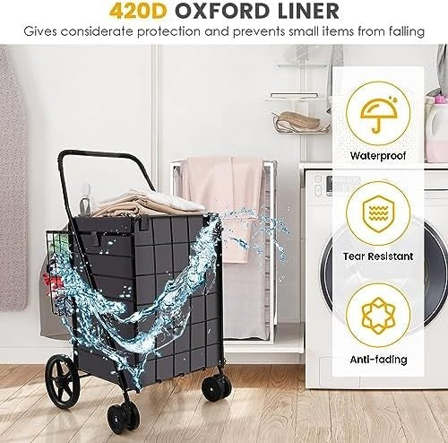 120L Folding Shopping Trolley with 6 Wheels & Removable Liner, Portable Cart