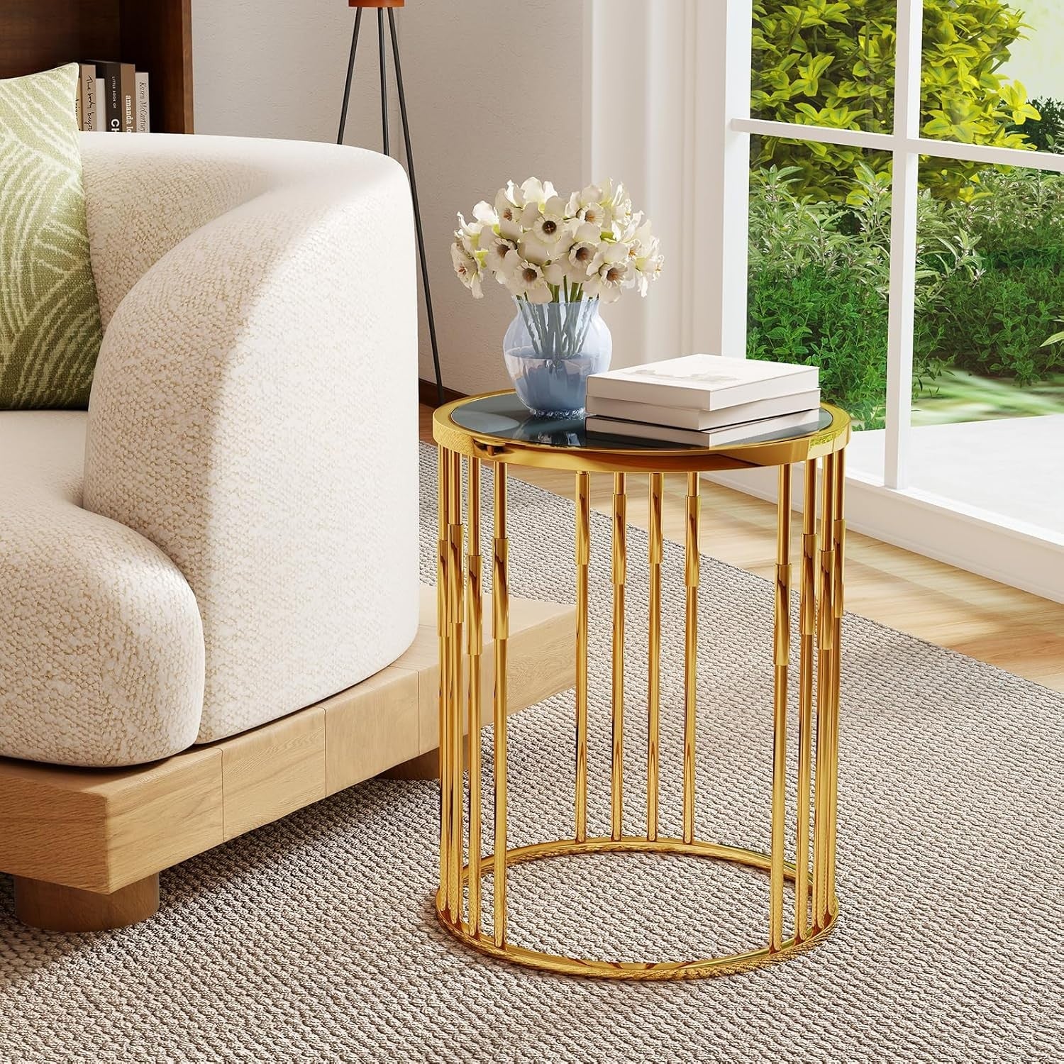 Round Gold Side Table with Glass Top | Modern Accent Sofa End Table 40cm