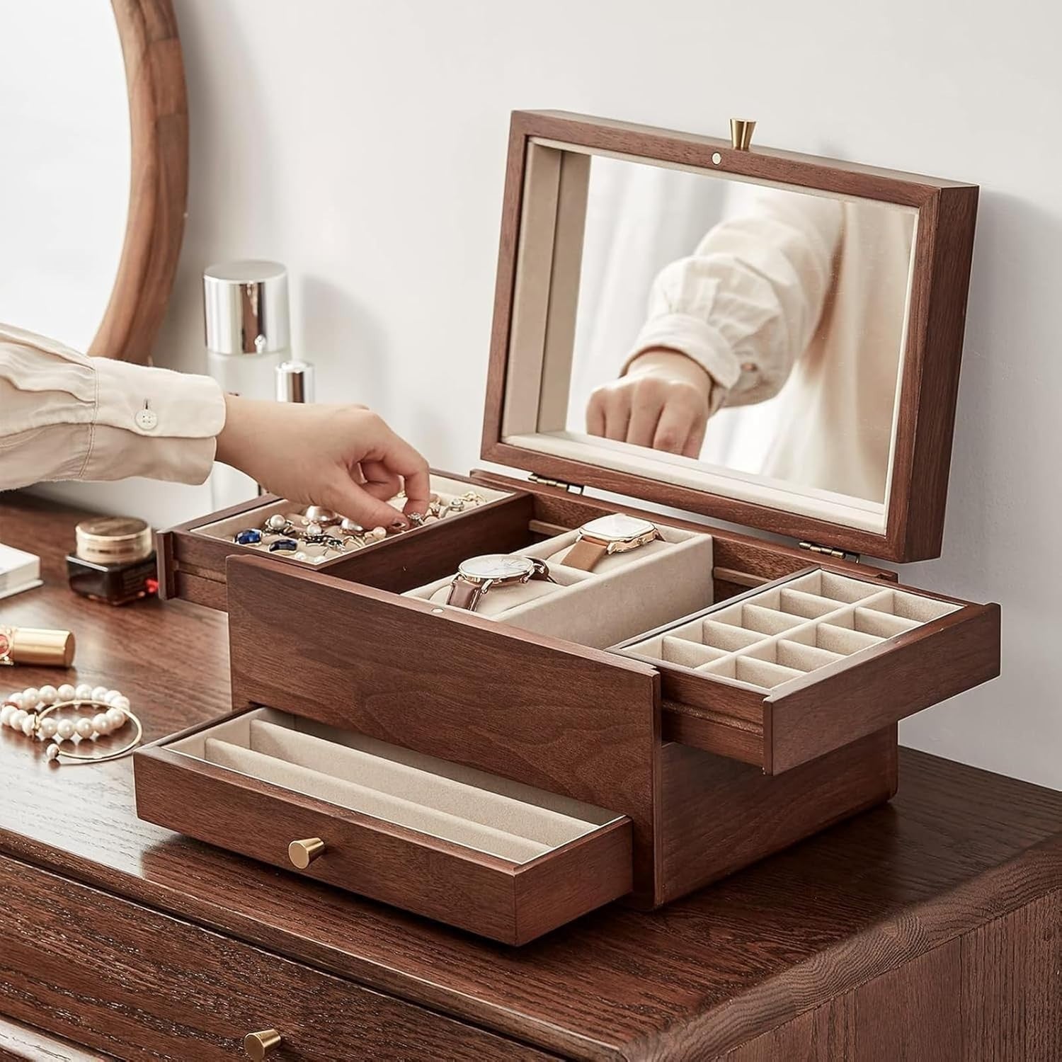 Walnut Jewelry Box with Mirror 3 Layer Organizer Brass Handle Storage