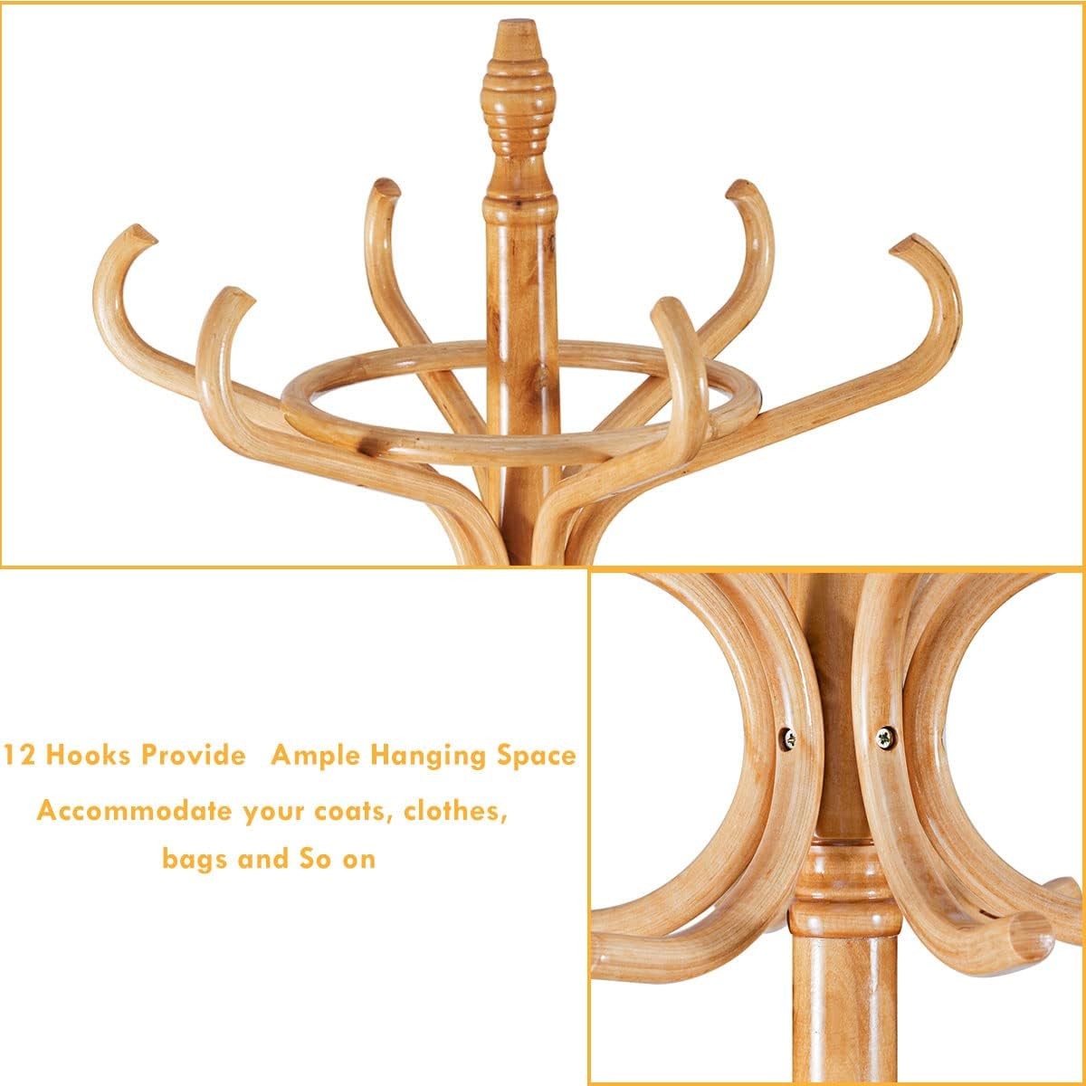 Oak Solid Wood Coat Rack with 12 Hooks & Umbrella Holder | Freestanding Hall