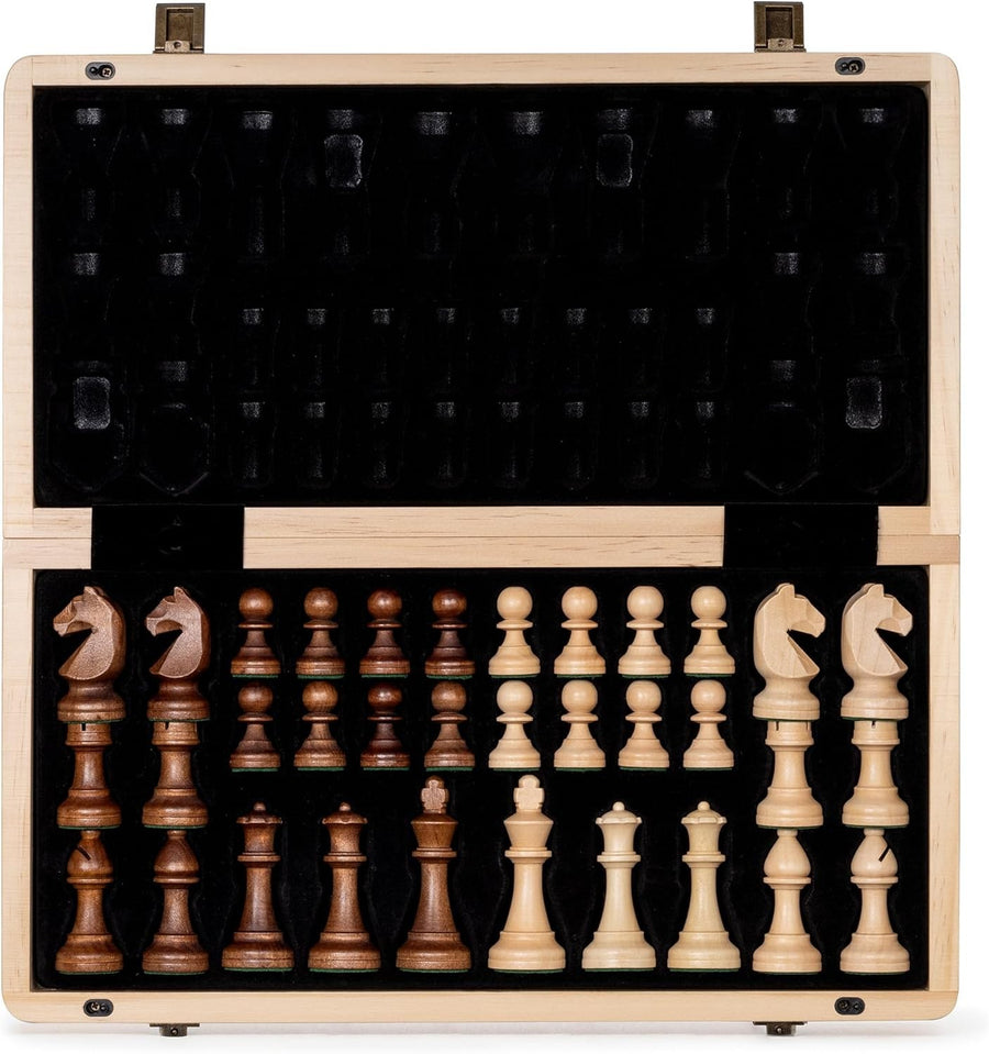 15" Wooden Chess Set Folding Board w/ 3" Staunton Pieces & Extra Queens