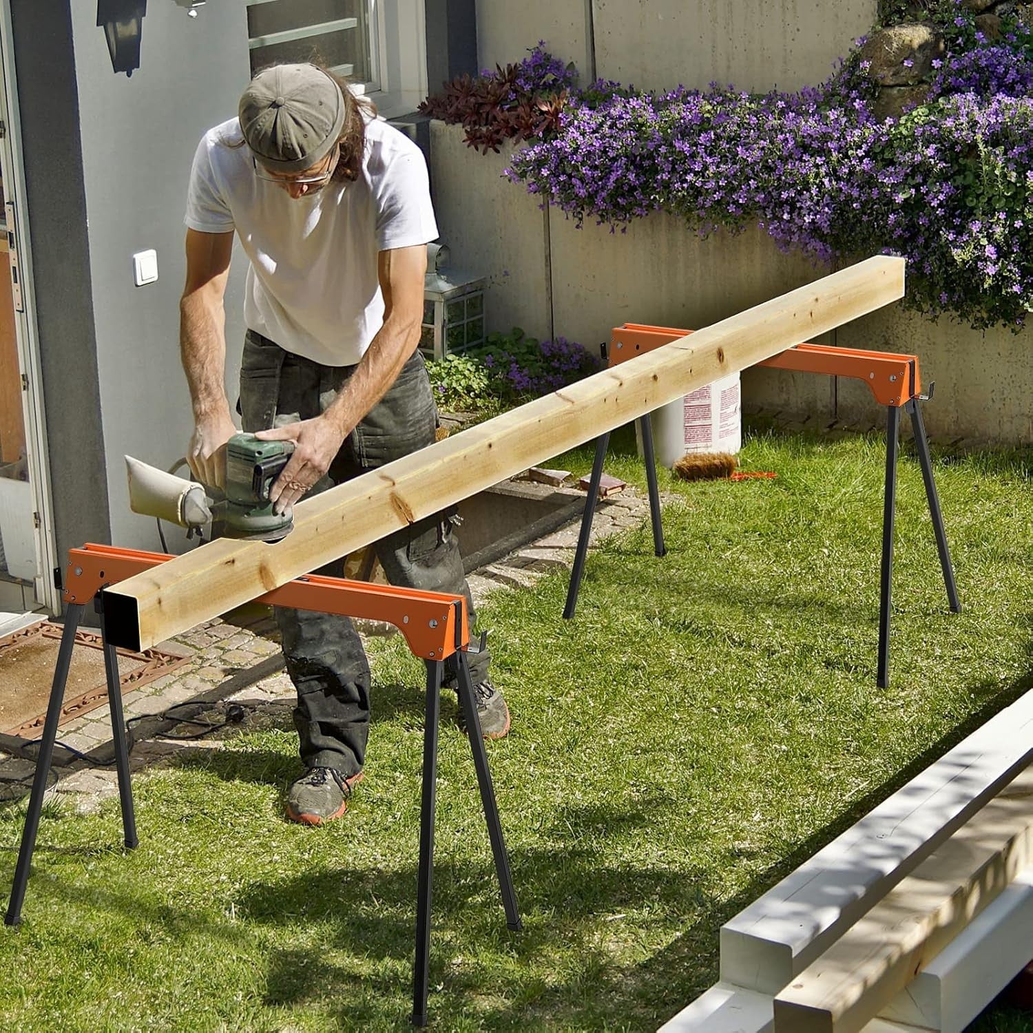 Folding Sawhorse Twin Pack Heavy Duty 454kg 2x4 Support Arms Orange 92x48