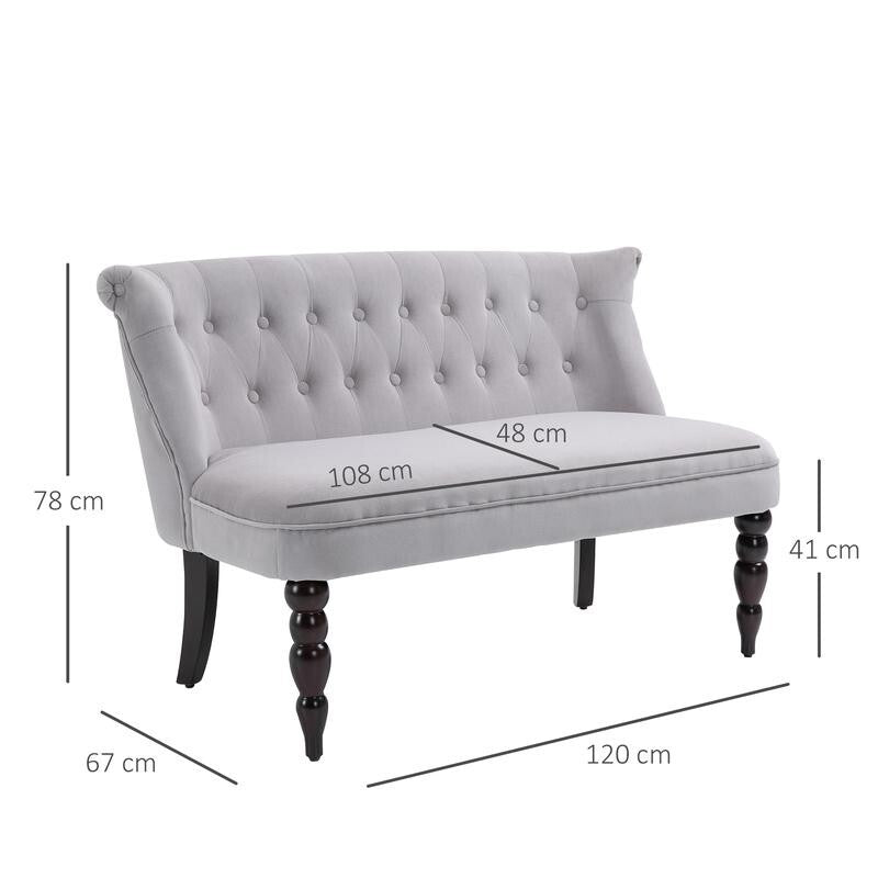 2 Seater Vintage Sofa Bench w/ Tufted Back & Carved Legs – Grey Velvet Look