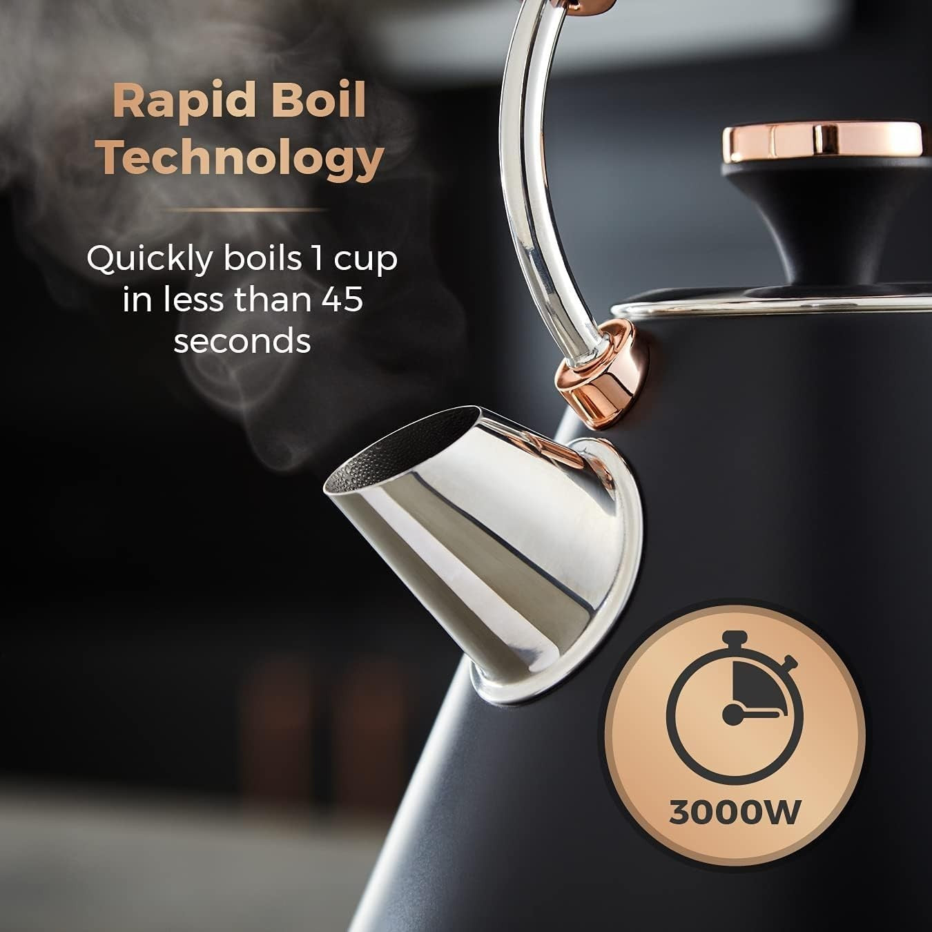 3000W Black Rose Gold Kettle 1.7L Rapid Boil Cordless Modern Pyramid