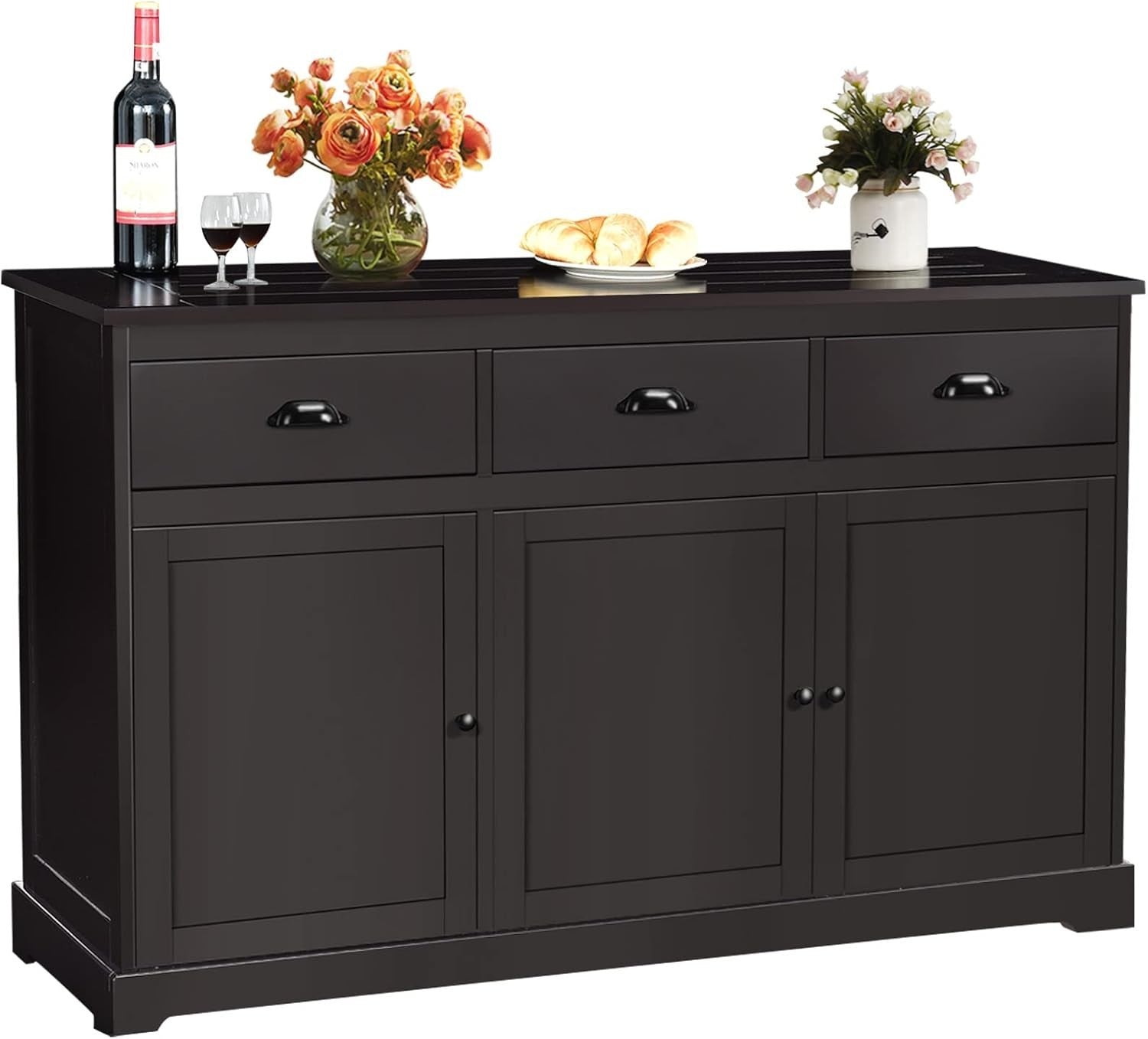 Dark Brown Large Sideboard Buffet Cabinet with 3 Drawers & Adjustable Shelves