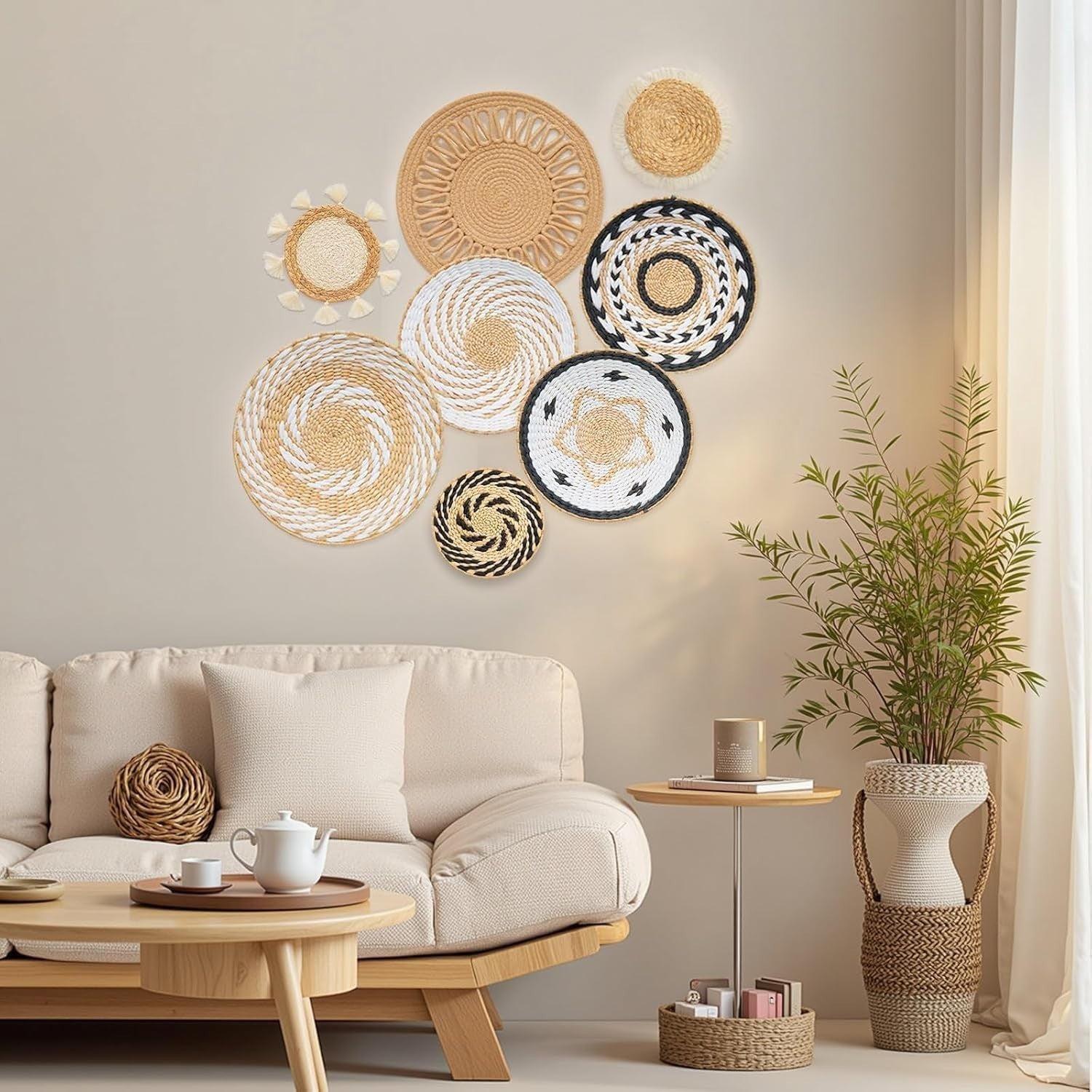 8-Pc Boho Wall Rattan Decor Handmade Rattan Woven Rustic Set
