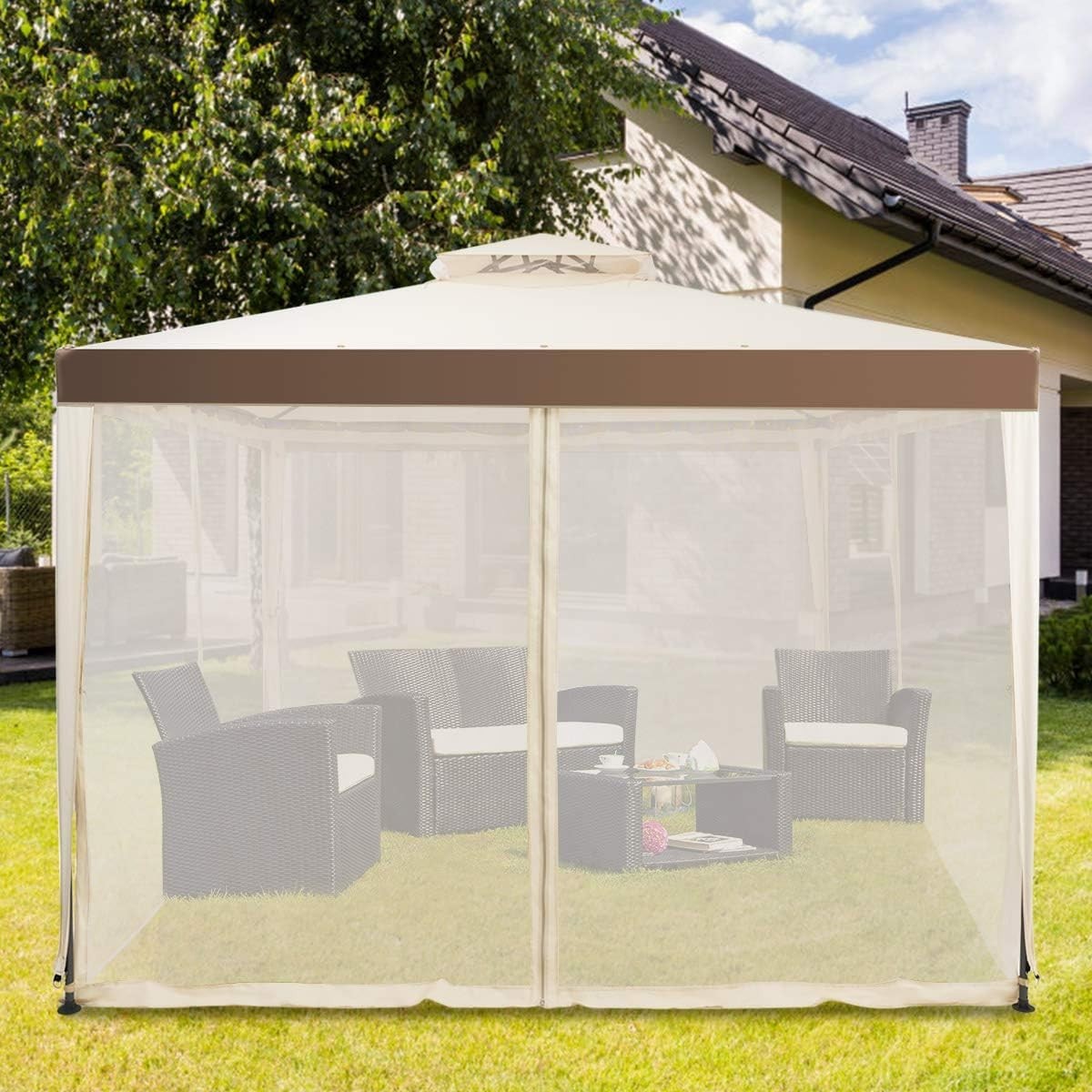 3x3M Beige Outdoor Gazebo With Zipped Mesh Sidewalls Double Roof Patio Tent